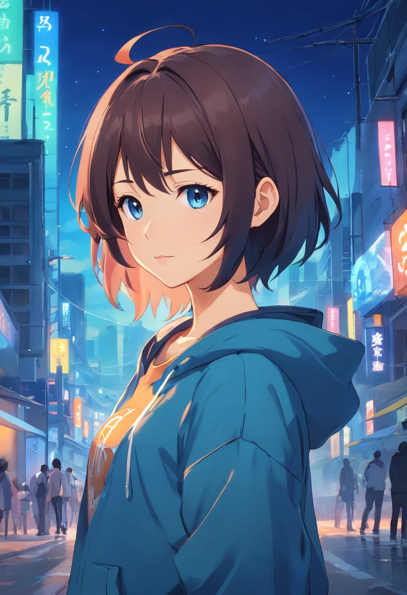 un chico dibujado con estilo anime, cabello corto y azul, estilo anime, estilo anime, piel morena, two small horns, sudadera negra, dynamic  pose, fuego azul en cuerno derecho, cabello azul, ojos amarillos