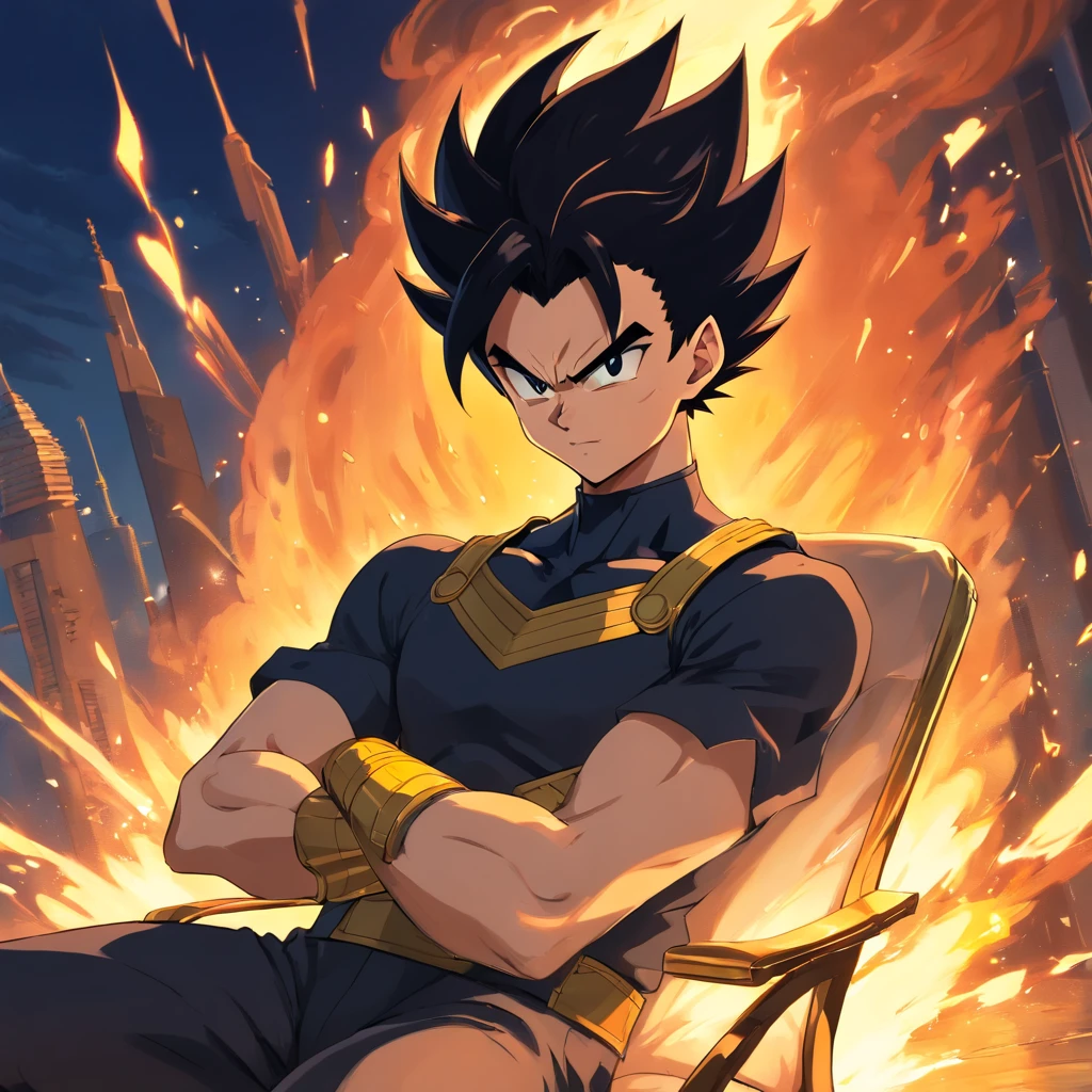 Vegeta em um ((Terno Preto)), fumando um cigarro, sitting on a royal throne that highlights his power and influence, macho, Dragon ball, anime
(best quality, 4k, alto, ultra-detalhado), detailed facial features, intense expression, foco nítido, cores vibrantes, dramatic lighting, oil-painting, arte conceitual, Estilo anime