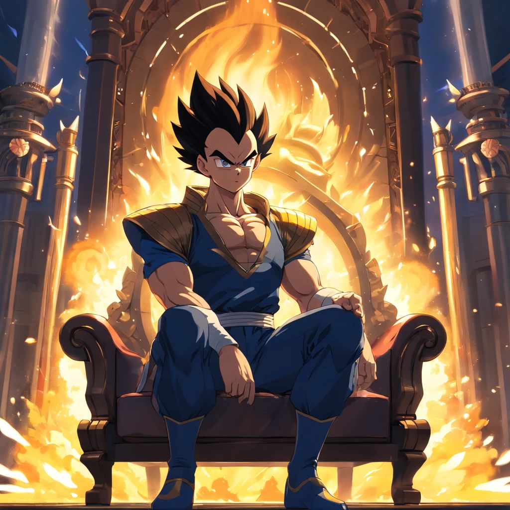 Vegeta em um ((Terno Preto)), fumando um cigarro, sitting on a royal throne that highlights his power and influence, macho, Dragon ball, anime
(best quality, 4k, alto, ultra-detalhado), detailed facial features, intense expression, foco nítido, cores vibrantes, dramatic lighting, oil-painting, arte conceitual, Estilo anime