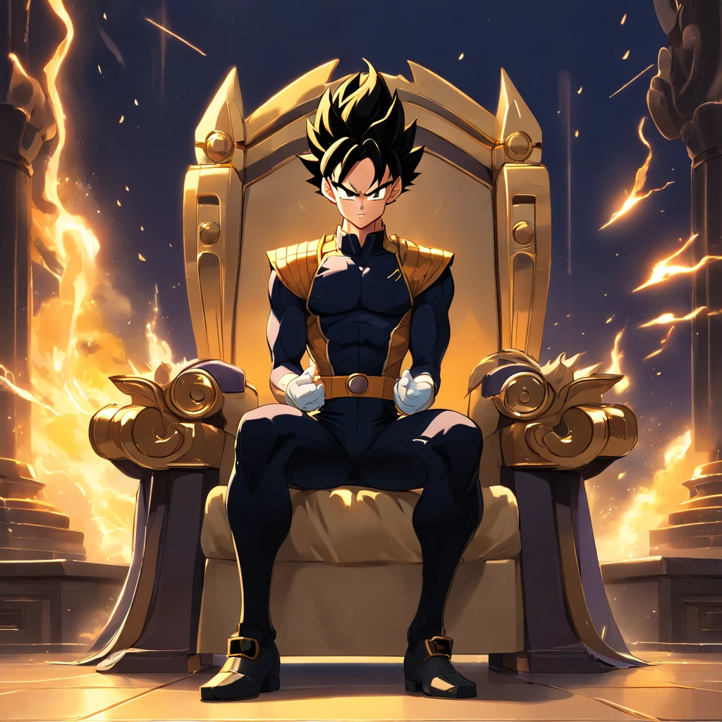 Vegeta em um ((Terno Preto)), fumando um cigarro, sitting on a royal throne that highlights his power and influence, macho, Dragon ball, anime
(best quality, 4k, alto, ultra-detalhado), detailed facial features, intense expression, foco nítido, cores vibrantes, dramatic lighting, oil-painting, arte conceitual, Estilo anime
