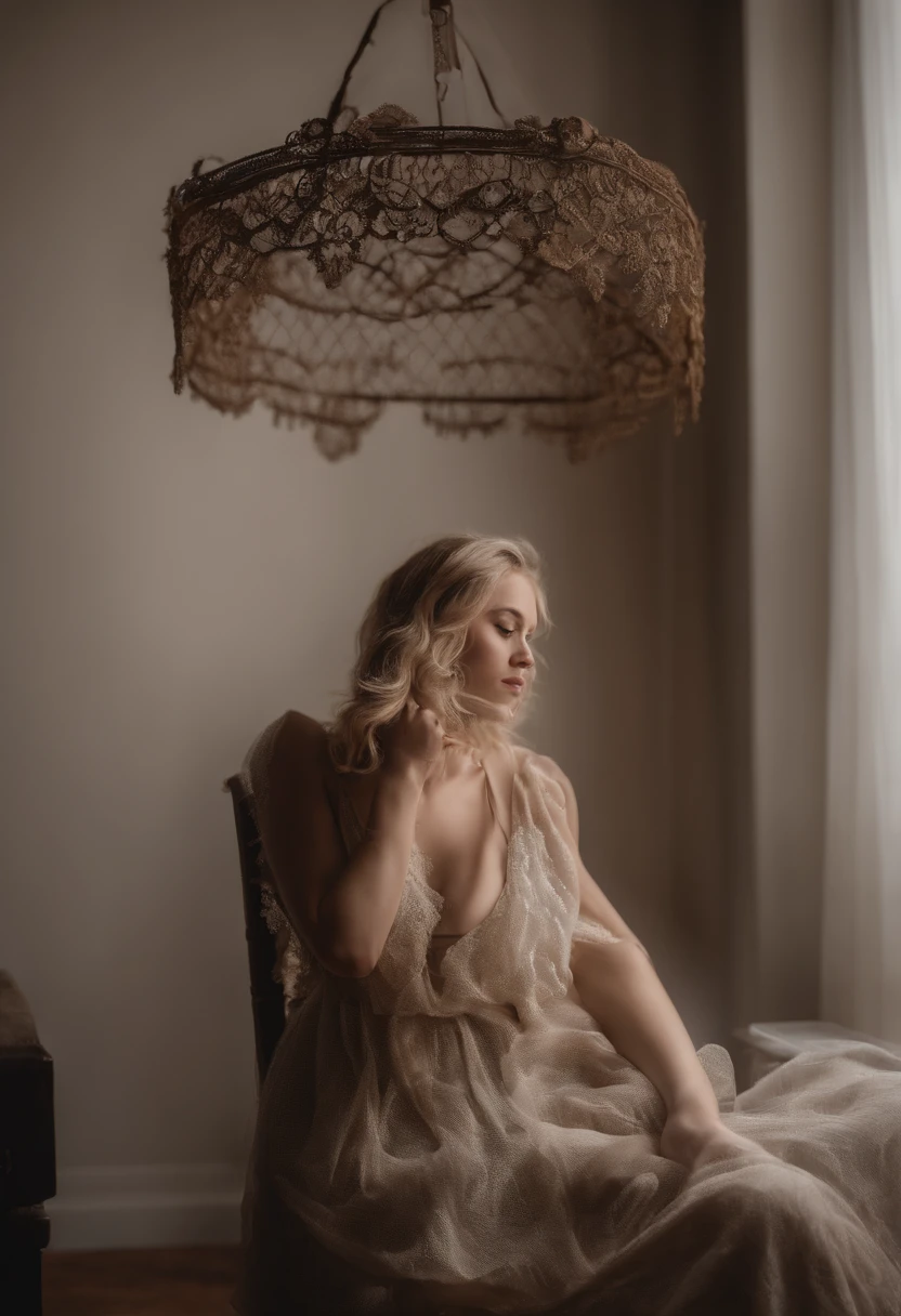 mulher loira, nua, sentada em uma cadeira, de pernas abertas, com a vagina molhada e a mostra, pele clara com textura, seios com aureola pequena e bicos grandes, fundo de cor vinho escuro, dramatic and cinematic light, melhor qualidade, 4k, 8k