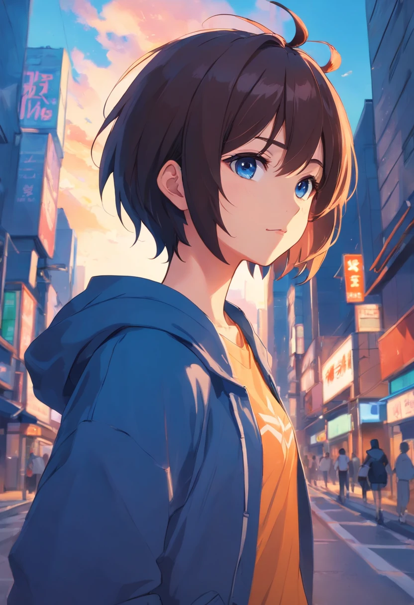 un chico dibujado con estilo anime, cabello corto y azul, estilo anime, estilo anime, piel morena, two small horns, sudadera negra, dynamic pose, fuego azul en cuerno derecho, cabello azul, ojos amarillos
