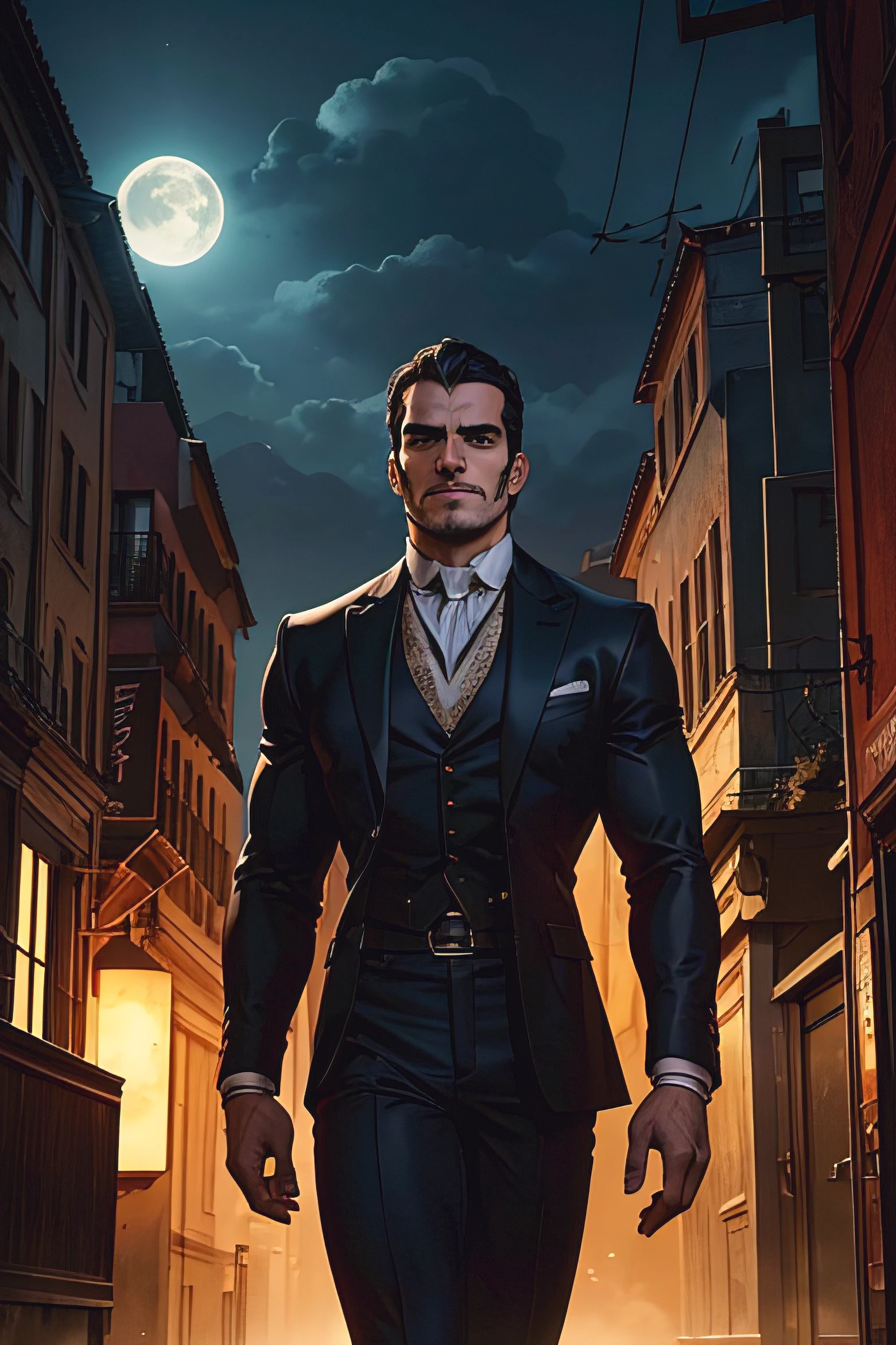 (papel de parede 8k extremamente detalhado), Tema escuro, Vampire the Masquerade, Horror moderno, anos 2020, homem, 30 anos, com um cavanhaque pontiagudo, barba, vestindo um terno de alfaiataria preto, short hair, uma gravata preta e uma camisa branca, fotografia premiada, rosto centrado, (rosto do Henry Cavill), foto de meio corpo:1.1, cabelo escuro bem cortado, corte militar baixo, Walking at night in a city with tall buildings,atmosfera sombria e misteriosa, lighting dramatic, ,Dynamic and energetic composition,Hint of supernatural powers,arquitetura moderna e elegante,cores expressivas e vibrantes,esquema de cores escuro e intenso.