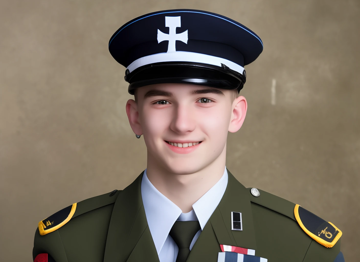 Male, , wears Allgemeine SS Uniform, with an iron cross at his collarneck, black visor cap with totenkopf logo in it, a , white hair, red eyes, smiling slyly