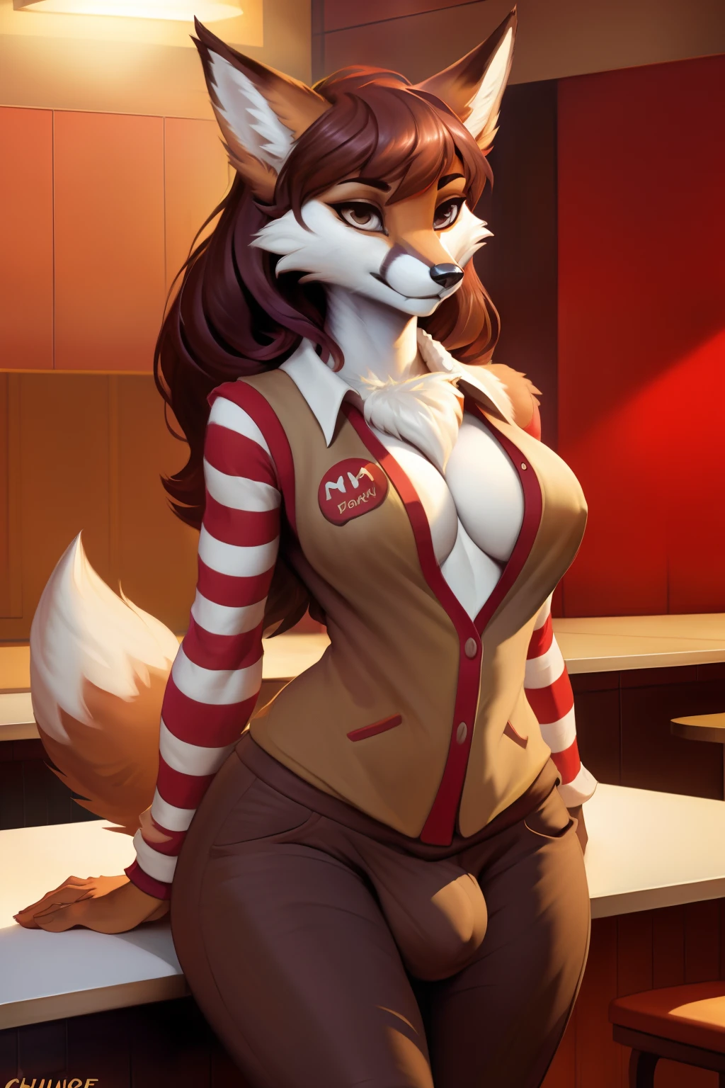 4k, high resolution, best quality, masterpiece, perfect colors, perfect shadows, beautiful and detailed portrait of a (((feminine))), perfect lighting, posted on e621, (by Chunie, by Einshelm), furry, anthro, furry art, ((portrait)), Female fox, red fox, (two-toned fur), furry body black legs from foot to knee,fluffy, fluffy tail, body fur, animal nose,chin fluff, muzzle, Mane,Big fluffy chest tuft, big fluffy neck tuft,fluffy neck, fluffy chest, Lots of fluff, Beautiful brown eyes, fit body, perfect masculine body, detailed fur, detailed face, ((Bonifasko lighting)), fox tail, (detailed eyes), perfect pupils, Tall, Long brown hair, messy long hair, Wide hips, big legs, B cup breasts, Fluffy neck, Huge Fox tail, wearing clothes, Arms white, ((genitalia slip)), ((genitalia overflow)), genitalia outline on clothing, erection,(Very big bulge),male genitalia, Working in mac donads, mac donalds employee, Mac donalds restaurant background, Restaurant kitchen background, Macdonalds outfit, macdonalds employee outfit, Pants, Wearing pants