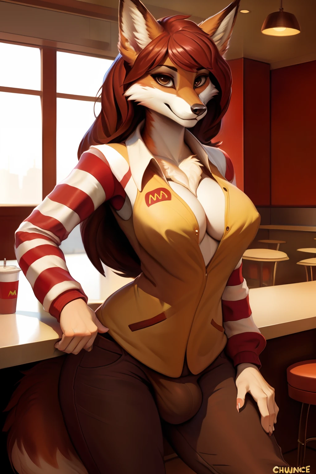 4k, high resolution, best quality, masterpiece, perfect colors, perfect shadows, beautiful and detailed portrait of a (((feminine))), perfect lighting, posted on e621, (by Chunie, by Einshelm), furry, anthro, furry art, ((portrait)), Female fox, red fox, (two-toned fur), furry body black legs from foot to knee,fluffy, fluffy tail, body fur, animal nose,chin fluff, muzzle, Mane,Big fluffy chest tuft, big fluffy neck tuft,fluffy neck, fluffy chest, Lots of fluff, Beautiful brown eyes, fit body, perfect masculine body, detailed fur, detailed face, ((Bonifasko lighting)), fox tail, (detailed eyes), perfect pupils, Tall, Long brown hair, messy long hair, Wide hips, big legs, B cup breasts, Fluffy neck, Huge Fox tail, wearing clothes, Arms white, ((genitalia slip)), ((genitalia overflow)), genitalia outline on clothing, erection,(Very big bulge),male genitalia, Working in mac donads, mac donalds employee, Mac donalds restaurant background, Restaurant kitchen background, Macdonalds outfit, macdonalds employee outfit, Pants, Wearing pants