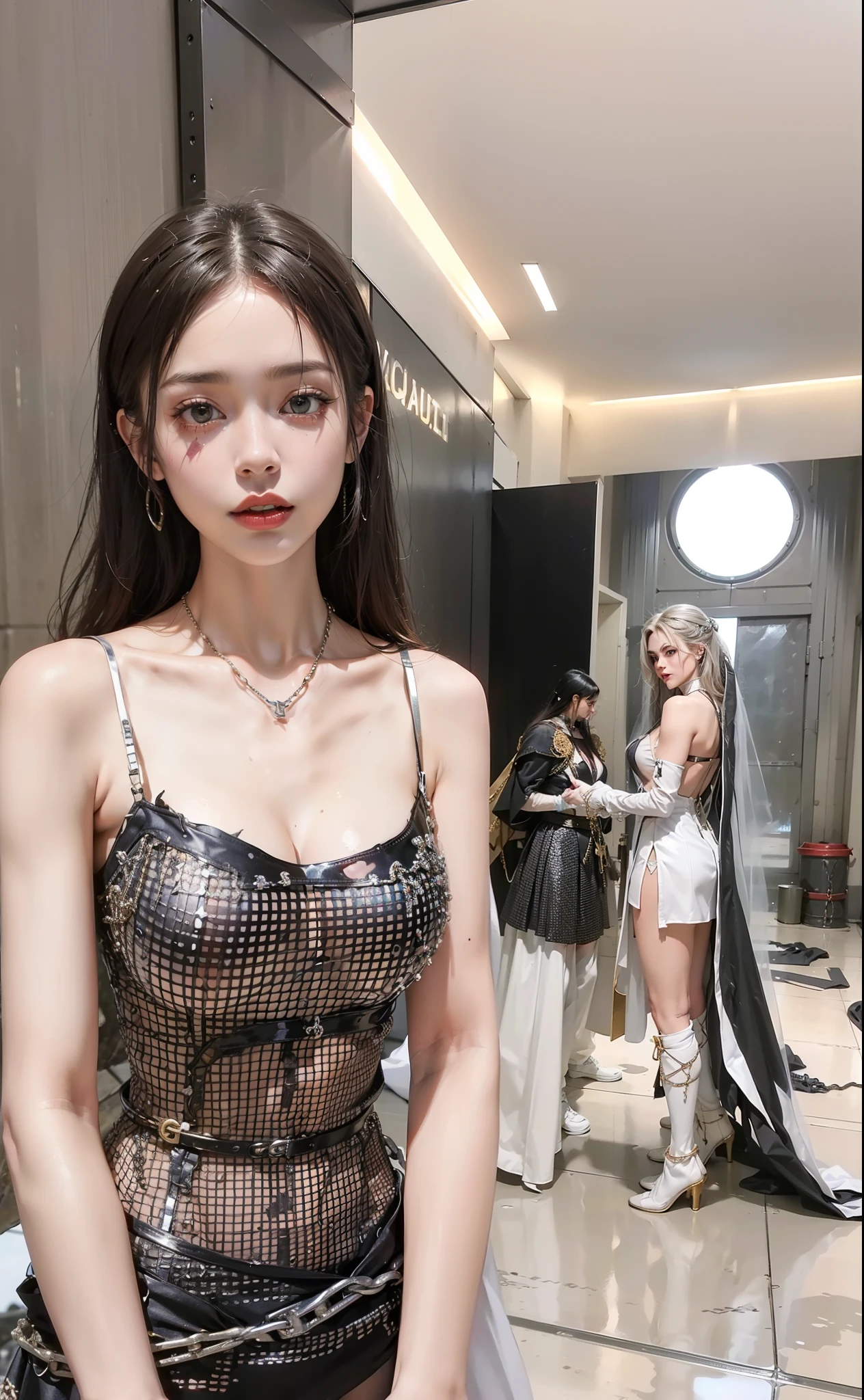,((Wearing a torn sheer costume of a superheroine)),(, No bra)), Wet crotch, Wet thighs, Beautiful girl with accentuated slender abs: 1.4, (((nipple tips protruding, areola is protruding, The shape of the pubic region is clearly visible)), sixpack abs: 1.4, Bust Botox, Photo, Sharpness, Unique 850 4, Koda850 k portrait camera, F1.6 shots, Ultra-realistic textures, Spectacular light textures, Cinestil 800 Fashion Mechanics, (futuristic sci-fi battle fashion: 1.1), (tied perfectly by chain), Restraint, Slaves, collars, ((wide prison with sunlight)), Dark fantasy, Realistic material details, extreme hight detail, Ultra-realistic materials ((Torn costume))), Wet, Cloudy, (Chained)), ((big emphasized by chains)), ((chains digging into crotch)), ( (Collar)), (, No bra), shredded costumes, broken golden shields and battle spears,, White combat gloves, Combat shoulder armor, Blood splattered on the face, Blood splattered, Realistic, (Bruises, Dirty, ripped clothing, skimpy clothing, Blood: 1.3), Torn Cape, Torn pantyhose, Long legs, ((iron pipe in the crotch)), Metallic shackles and fetters, ((chains hung from heaven)), Wet crotch is clearly visible, Swarovski's sword and the anatomy beneath his feet, (futuristic sci-fi battle fashion, Torn mesh stockings),