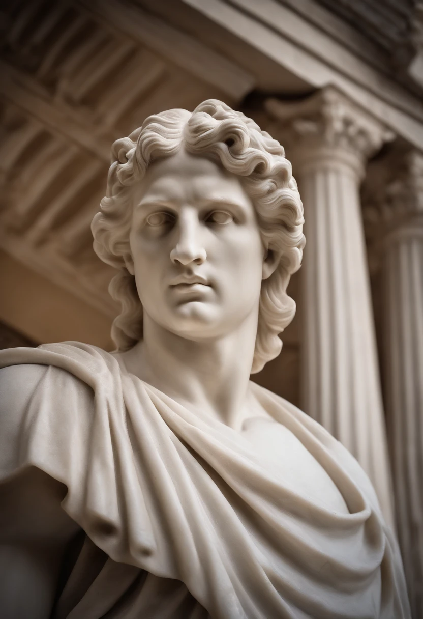 A realistic Greek white marble statue of Alexander the Great carefully detailed wearing a ghostly toga, fundo neutro, Moody, , fotorrealista, Jantar de cinema atencioso, super detalhada, Hiper realista, luzes brilhantes, 8 mil