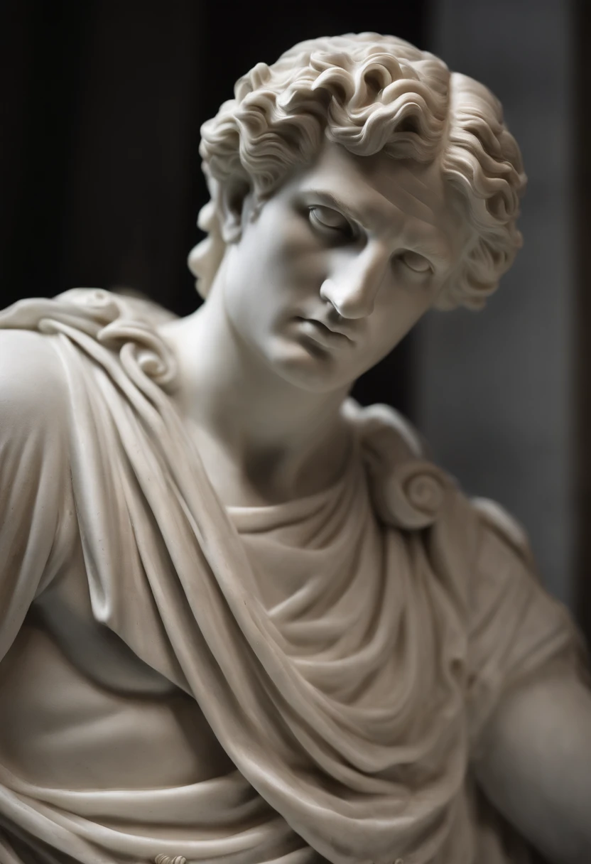 A realistic Greek white marble statue of Alexander the Great carefully detailed wearing a ghostly toga, fundo neutro, Moody, , fotorrealista, Jantar de cinema atencioso, super detalhada, Hiper realista, luzes brilhantes, 8 mil