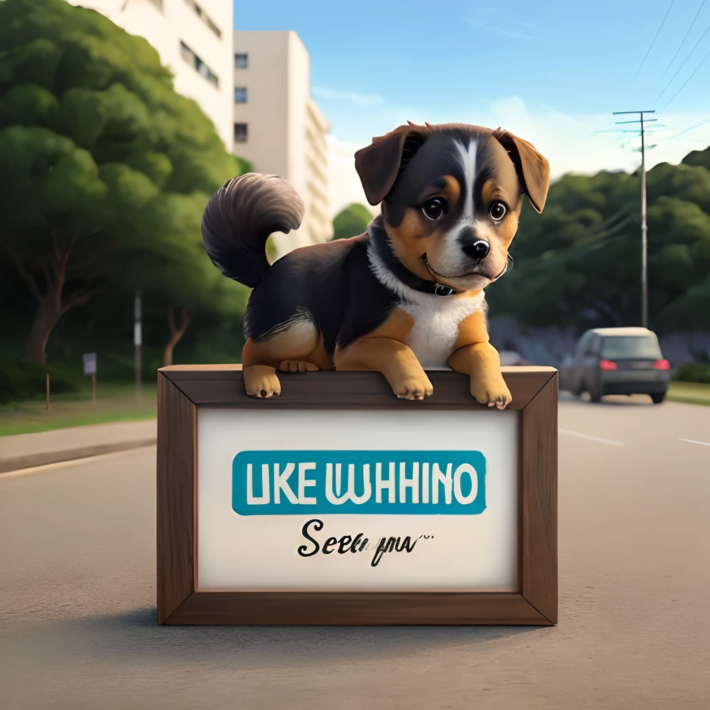 Cachorrinho, segurando uma placa, com uma frase, me de seu like.