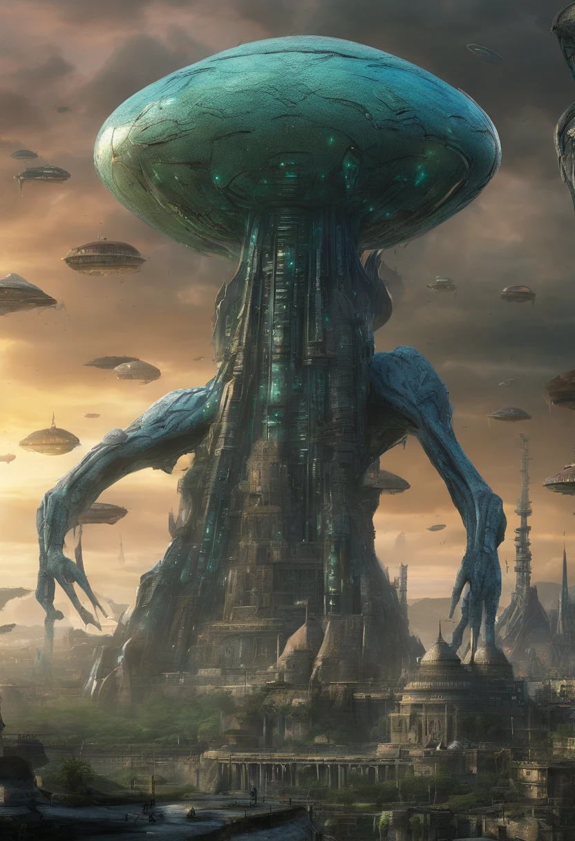 An alien landscape at dawn, A citadel with several futuristic and intelligent creatures, fantastic and detailed, em tons de azul, verde e preto. hyperrealista.