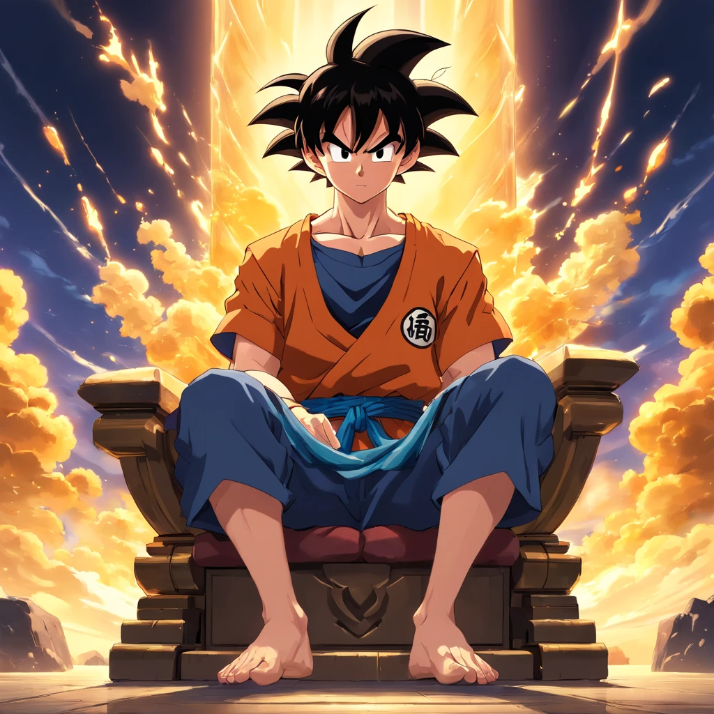 Son Goku em um ((Terno Preto)), fumando um cigarro, sitting on a royal throne that highlights his power and influence, macho, Dragon ball, anime
(best quality, 4k, alto, ultra-detalhado), detailed facial features, intense expression, foco nítido, cores vibrantes, dramatic lighting, oil-painting, arte conceitual, Estilo anime