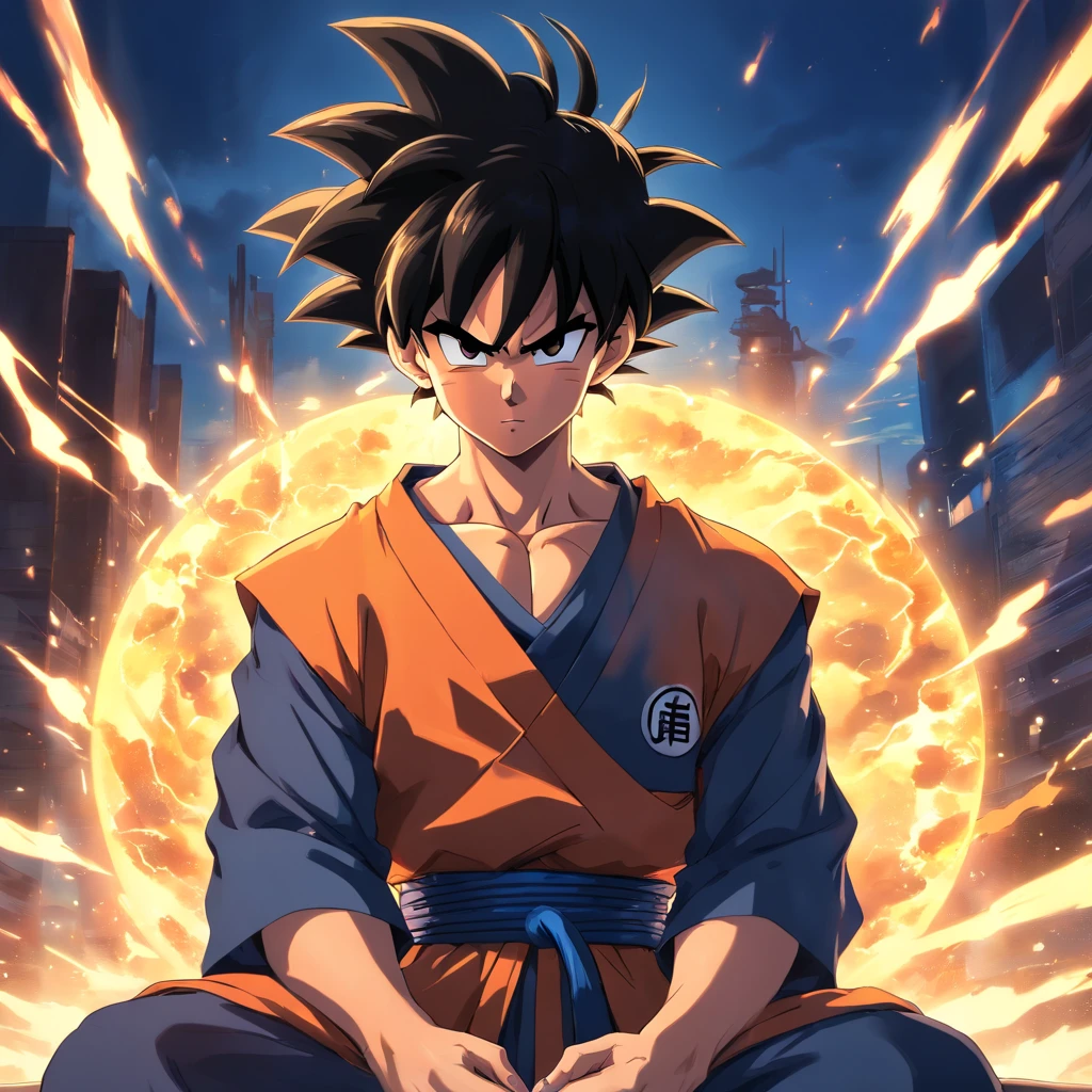 Son Goku em um ((Terno Preto)), fumando um cigarro, sitting on a royal throne that highlights his power and influence, macho, Dragon ball, anime
(best quality, 4k, alto, ultra-detalhado), detailed facial features, intense expression, foco nítido, cores vibrantes, dramatic lighting, oil-painting, arte conceitual, Estilo anime