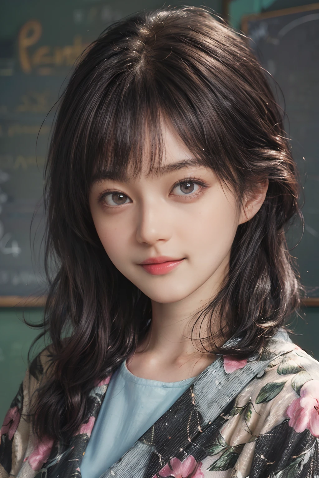(((Black Shorthair:1.2))), (a 20 yo woman), (T-shirt design), (Floral clothing), (Breast bulge),((Being in a physics classroom)), (A hyper-realistic), (Relaxed), (Increased resolution), (8KUHD), (Extremely detailed), (Best Illustration), (Beautiful and detailed eyes), (Best Quality), (ultra-detailliert), (masutepiece ), ( Wallpaper), (Detailed face), Fine details, Deep Shadows, lowkey, Smiling, (Portrait of Einstein), (Portraits of many physicists), (Solving the chalkboard formula)
