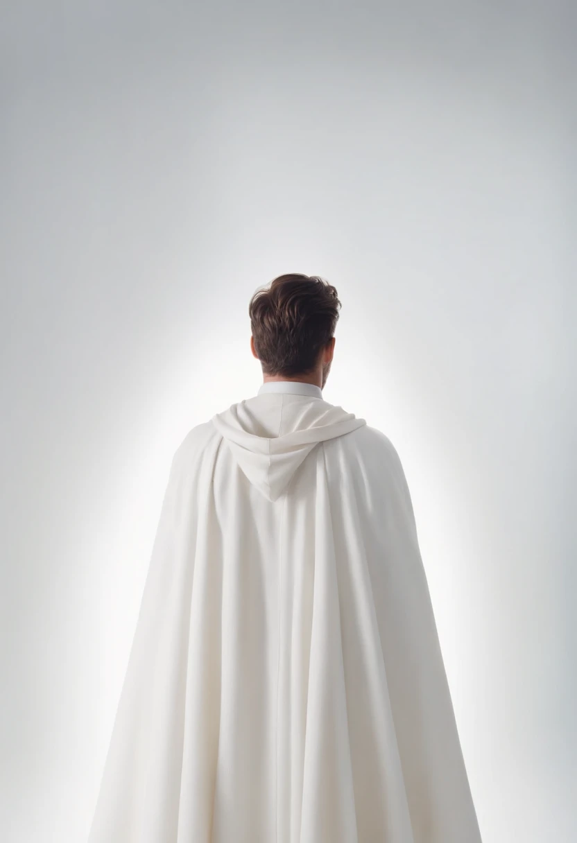a man standing in white space , no details , wearing white cloak , looking up to a lot of floating around him , high angle shot , back view