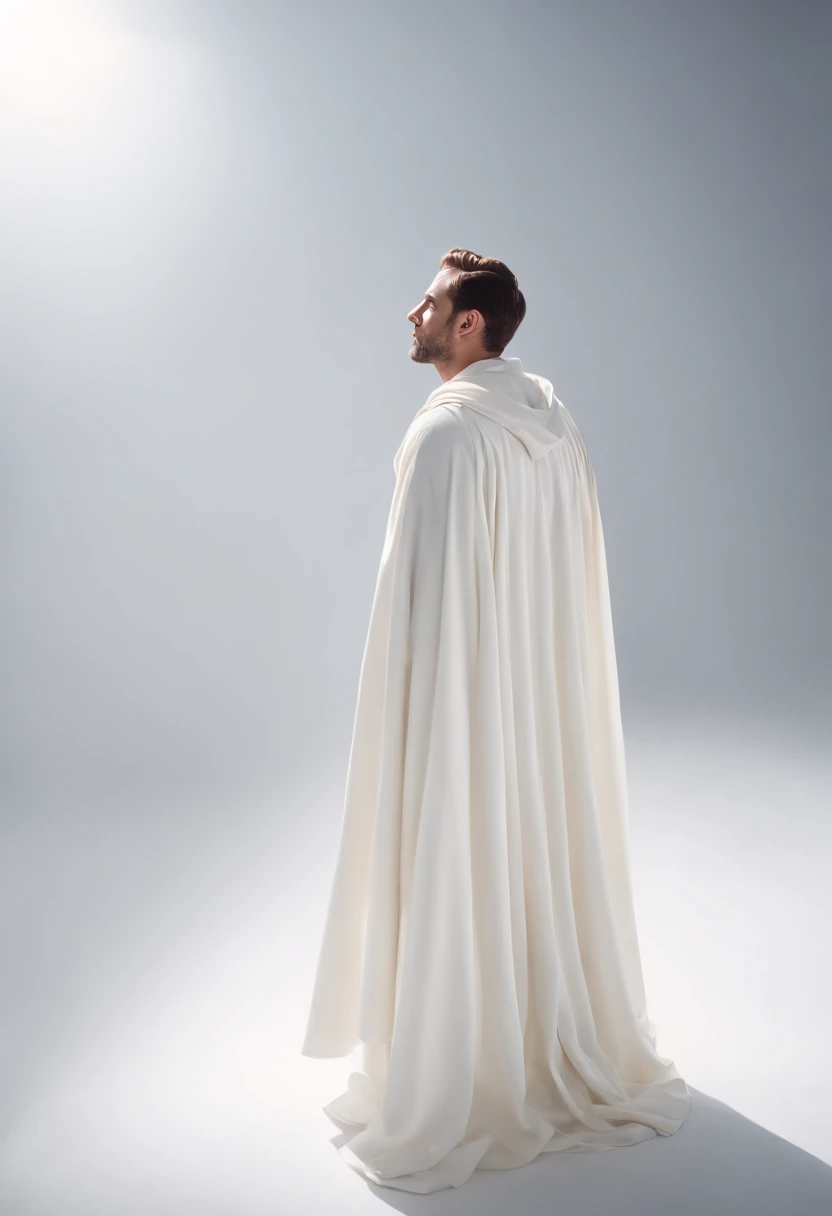 a man standing in white space , no details , wearing white cloak , looking up to a lot of floating around him , high angle shot , back view