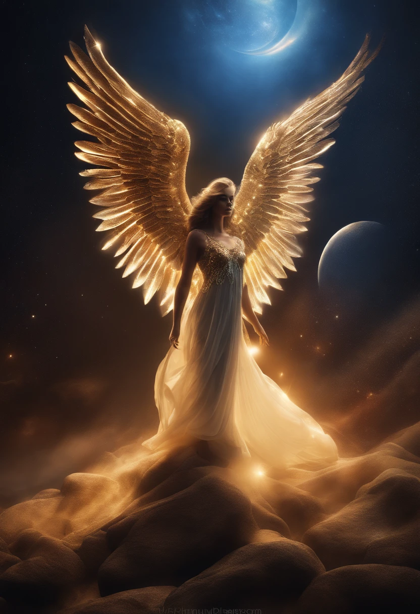 cosmic fallen angel, olhos claros brilhantes, Biomechanicals, estranho, assustador, Pesadelo, cores muito brilhantes, light particles, com luz brilhante, Mshiff, Arte do papel de parede, Papel de parede UHD