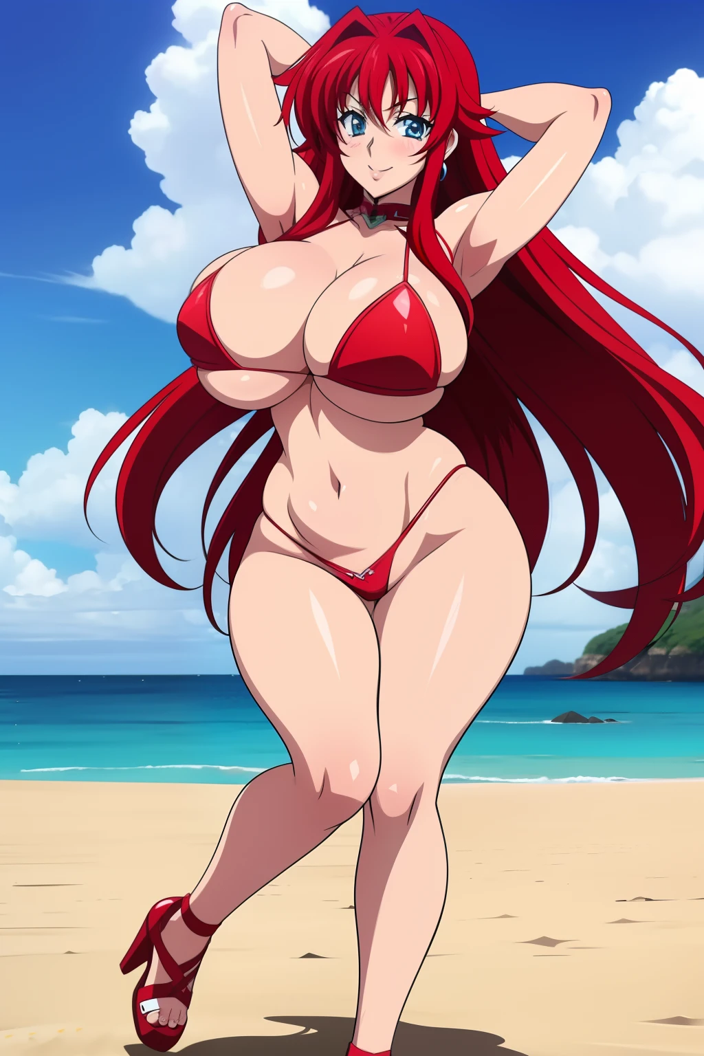Highschool dxd, Rias Gremory,1girl, (((bimbo))), long red hair , blue eyes, ear rings, (((bimbo))), thick lips, smile face, wide hips, thick thighs, bikini, huge round ass, huge natural breasts, full body, posing, on the beach