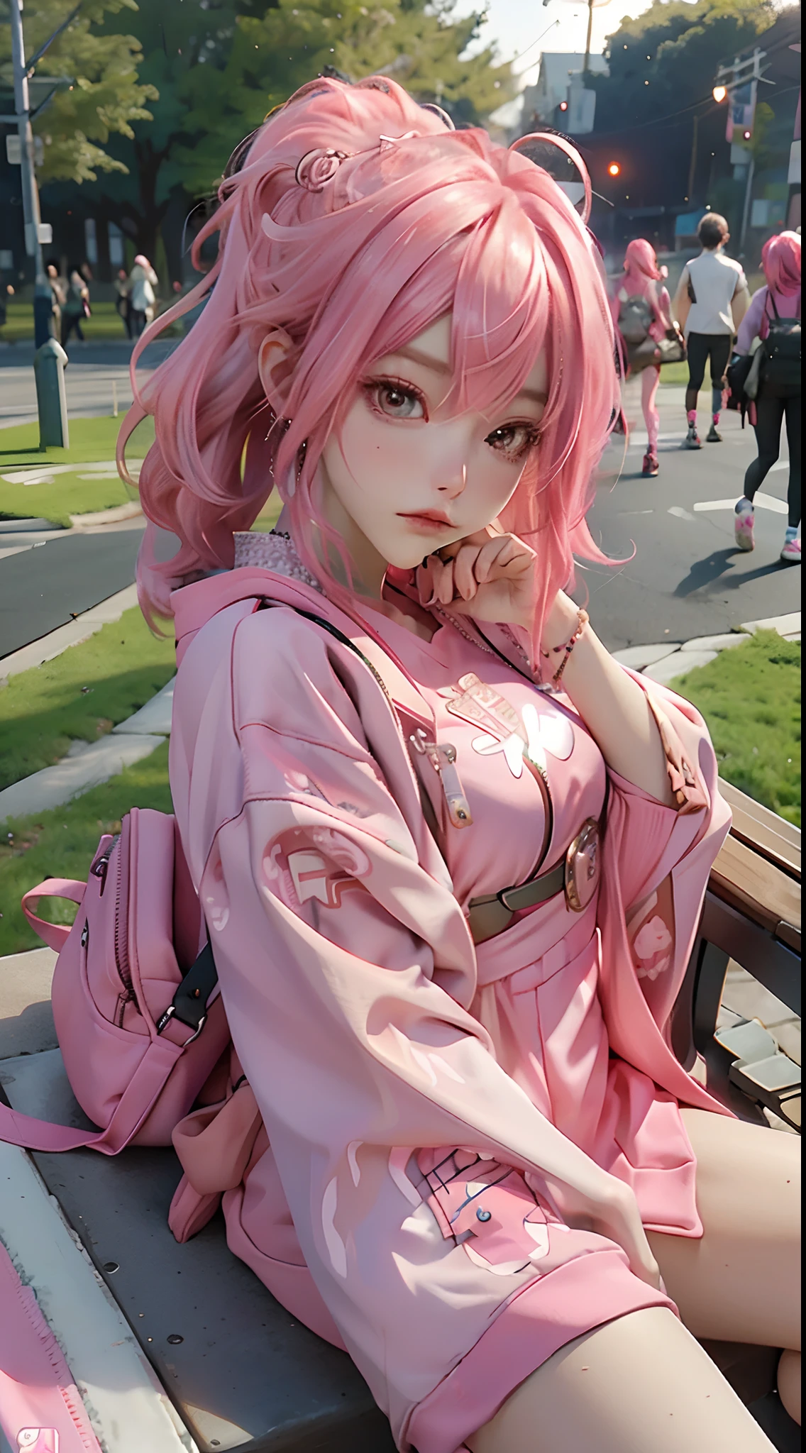 anime girl with pink hair sitting on a bench with a backpack, she is wearing streetwear, with pink hair, portrait of jossi of blackpink, ulzzang, ((pink)), jossi of blackpink, lalisa manoban of blackpink, wearing cyberpunk streetwear, japanese streetwear, with long hair, anime girl in real life, casual pose, pink girl