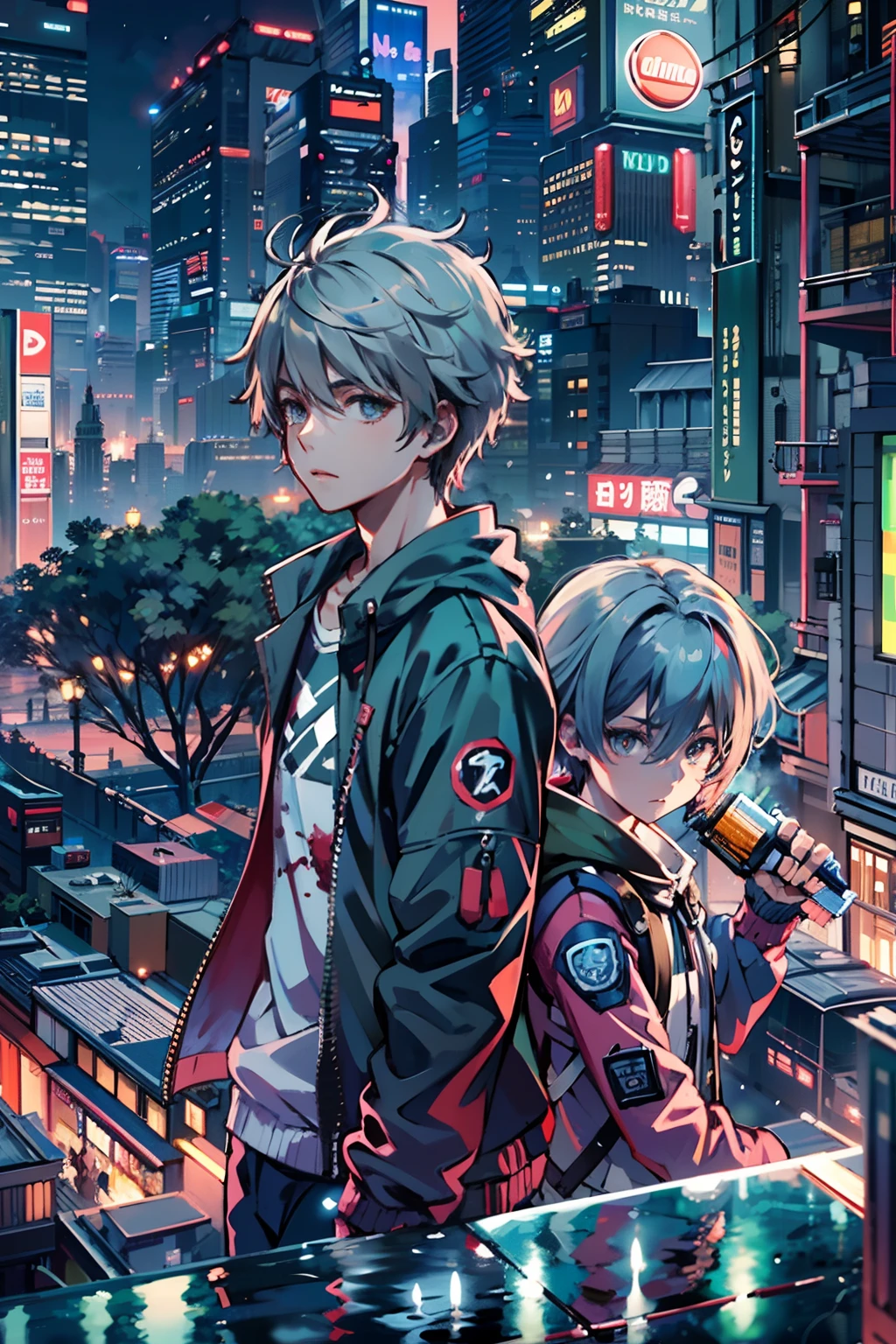 2boys,(15 years old boy:1.5)、Anime-style protagonist、Cyberpunk Boy、silber hair、Spiky hairstyle、machine gun、Japan sword on the back、Whole body bloody、Looking at the camera、Overhead view of the composition、The beginning of the adventure、Lots of clouds,heavy fog、Moon,Lightning、Chaotic city of the future、Movie dystopia、A group of very tall skyscrapers stands in the center、Very complex cityscape,Crowded Chinese skyscrapers、Tall radio tower、Trees、street signs、streetlights、taxis、buses、Train、Warm lighting,Dark road、puddles、Chaotic、Beautiful and fantastic scenery、Cinematic scenery、hightquality、masutepiece,in 8K、hight resolution、