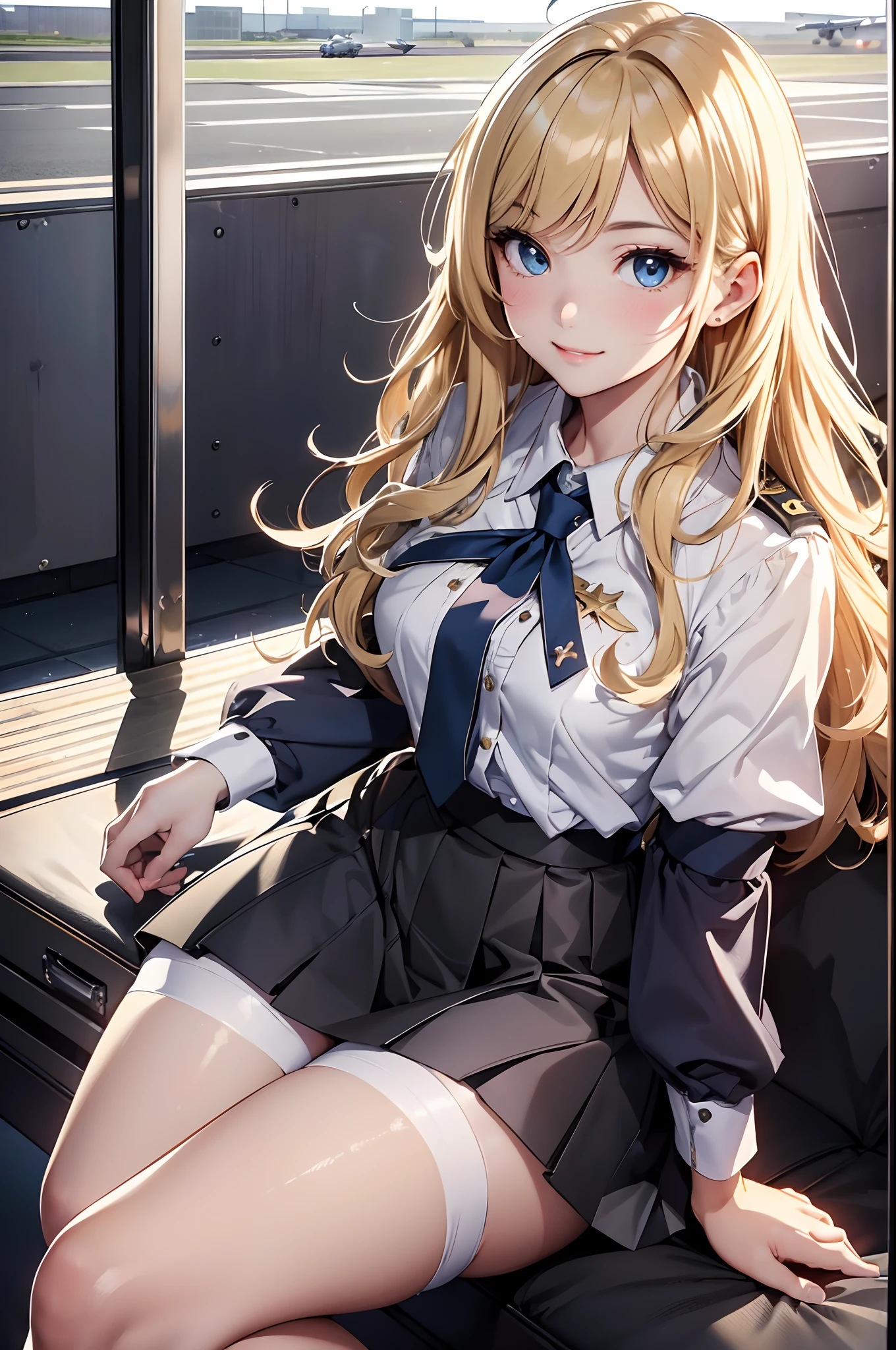 Anime girl cute, tall, blonde hair, 8k wallpaper, thighs, dark black school girl clothes, slim, sexy, sitting