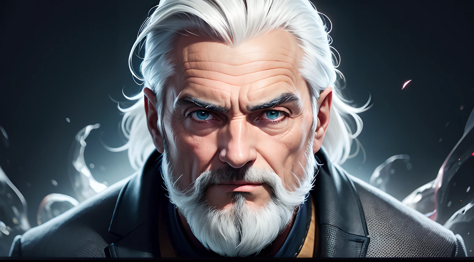 magic realism, Estilo de vida/fantasia, homem de 50 anos com cabelos e barba branca olhando para o lado, 45°, with his face showing an expression of fear, contemporary, brilhante e colorido, digital, na noite escura, 35 mm, lateral, Centralizado, symmetric, Filmado em Sony A7S III com Sony FE 35mm f/1.8, 12.1 MP, Magic, editing, television show, frontal, Centralizado, symmetric, Magician--air 3:2 --estilo cru