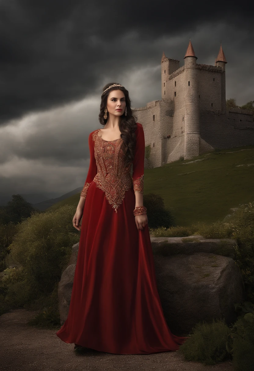шедевр, Hyper-realistic photography (portrait: 0,9) of better quality, de (Beautiful, effortless young queen with dark braided hair and pale skin), (tenant des rouleau papyrus), ((visage parfait)), A Mathematian of the time in the year 400.Look attractive, (couronne de laurier discret sur ses beau cheveux, sourcils fournis.very detailed skin), lifelike texture, pores de peau souples, (Porter des robes royales en velours rouge: 1.2), In front of the burning castle, Fantaisie noire_\(scene\), Sinister atmosphere, Storm clouds above, cold color temperature, Pas amusant, ( lighting cinematic), faible profondeur de champ, photographed on a Leica SL mirrorless digital camera (Type 601), lent 35mm F/1.4 Films, Flou, (Hiperdetalhado, intricate high detail), Similar to a movie, Hdr, 8k, Image fixe de Live Action Adaptation of War and Rebellion, Side by side, [detail]