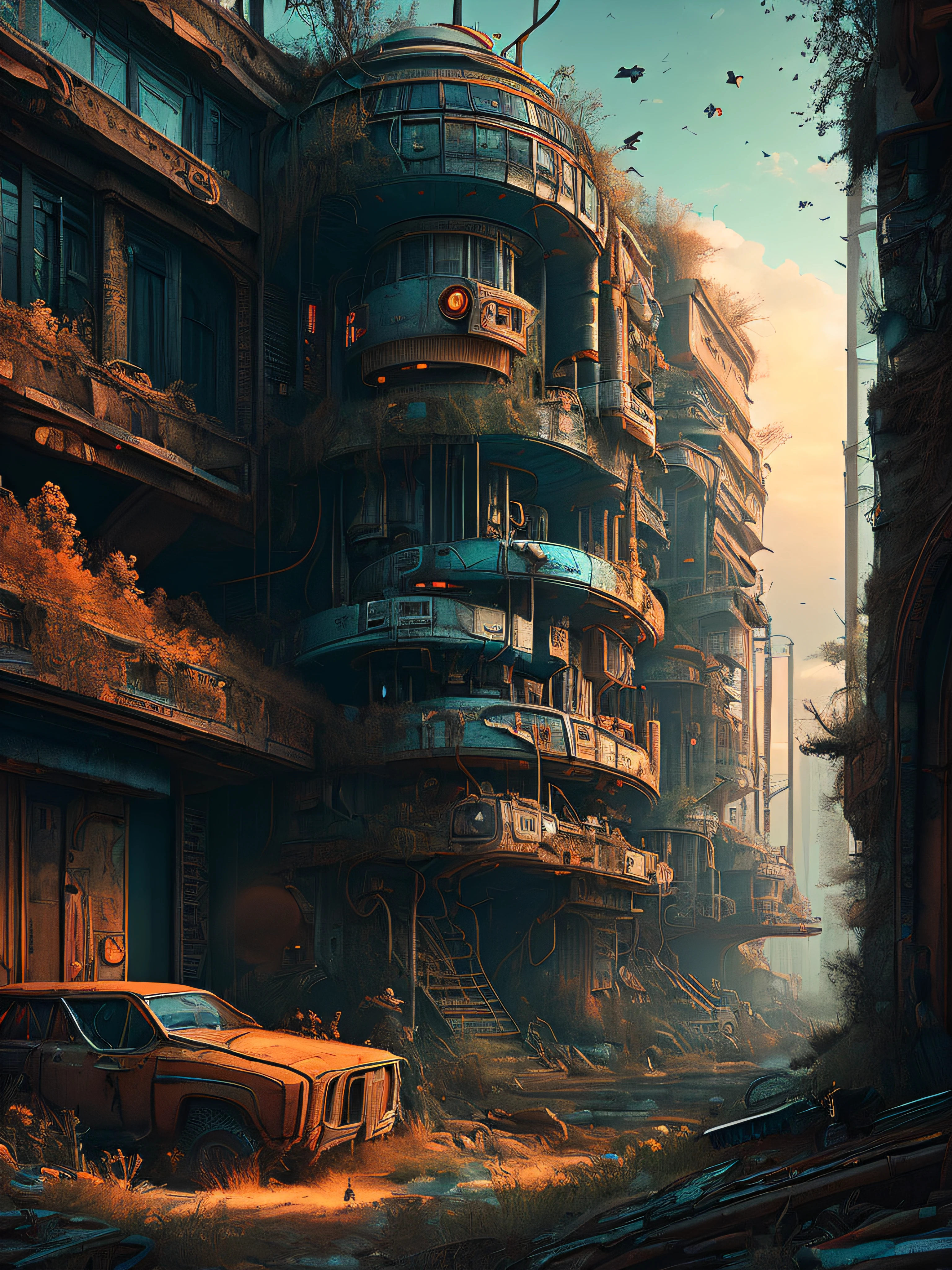 (Best quality),(masterpiece),(ultra detailed),(4k resolution),(extremely detailed) digital art, in the art style of Filip Hodas, cyberpunk post-apocalyptic style
