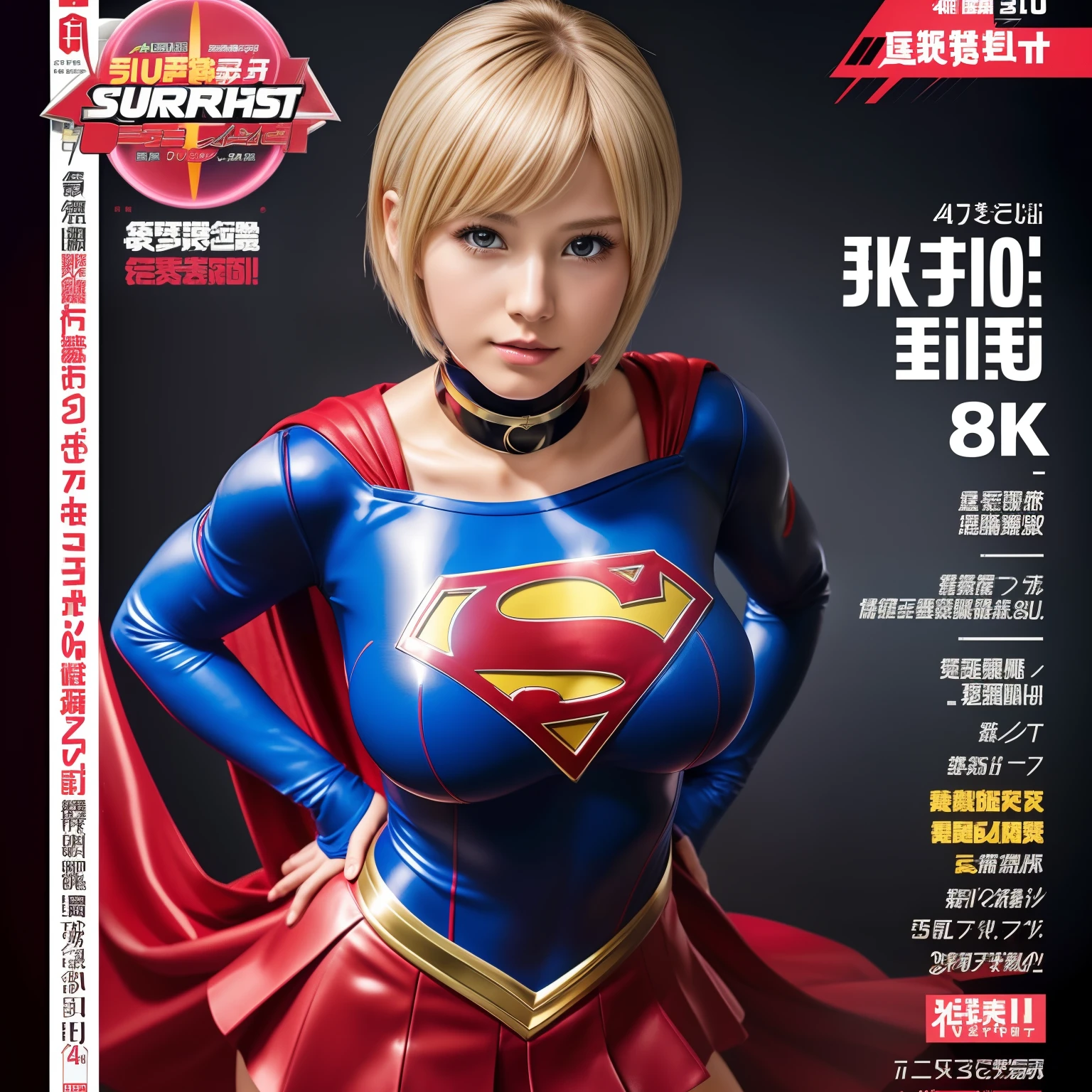 (Best Quality,4K,8K,hight resolution,masutepiece:1.2),Ultra-detailed,Realistic:1.37,Super masterpiece,Short-haired Supergirl、large full breasts、Looking at the camera、Glossy costume、a choker、Too short miniskirt、Magazine covers、Shonen Magazine、poster for