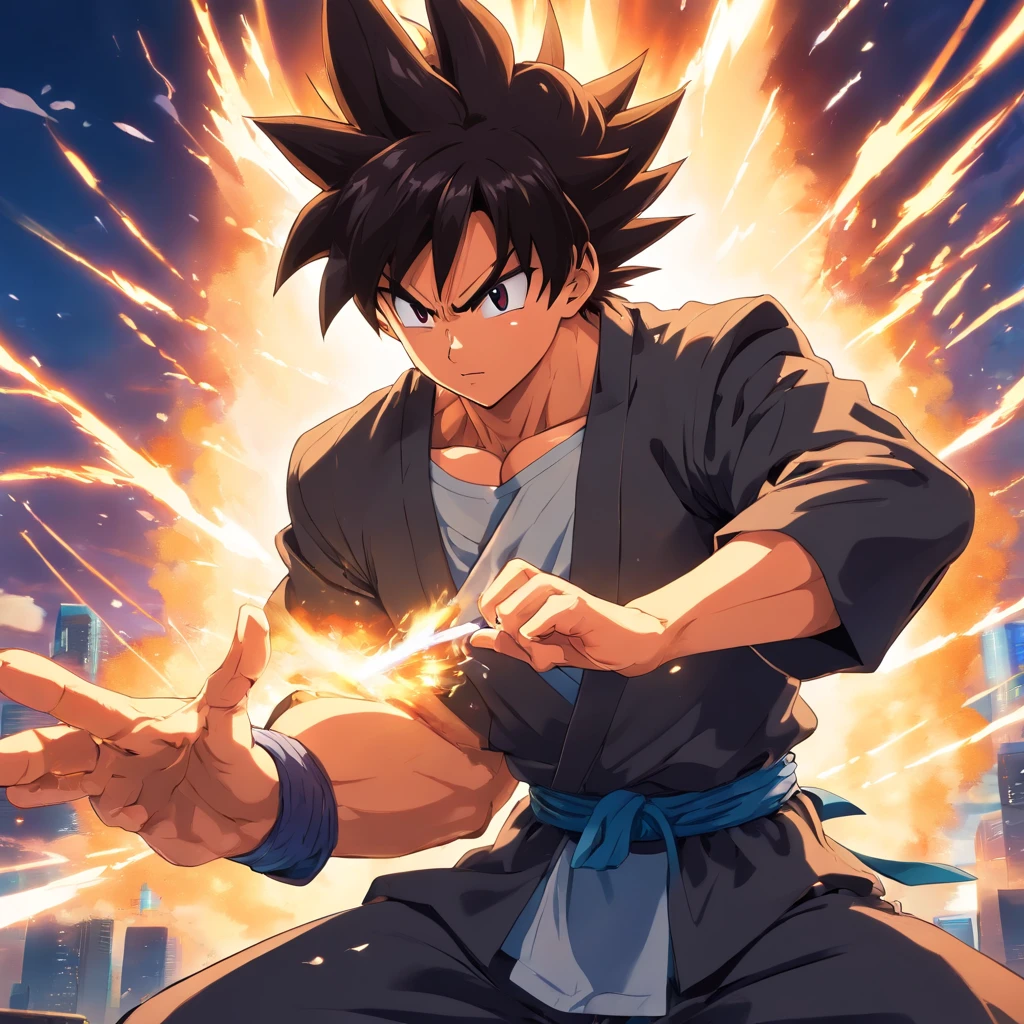Goku in a (Black Suit), smoking a cigarette, sitting on a royal throne that highlights his power and influence, masculine, Dragon Ball, anime, high quality, detailed muscles, intense expression, vibrant colors, dynamic composition, dramatic lighting, iconic character, energy aura, action-packed, confident stance, intense eyes, powerful poses, epic battle scenes, renowned franchise, popular protagonist, attention-grabbing, martial arts, superpowers, explosive energy beams, dynamic motion lines, fierce fighting spirit, signature spiky hair, Saiyan warrior, iconic costume, intense power level, intense battles, epic transformations, monumental presence.
