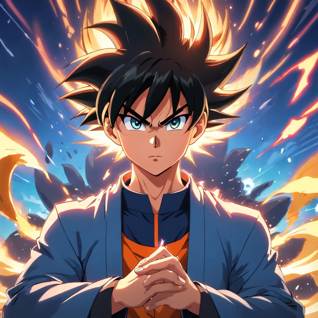 Goku in a (Black Suit), smoking a cigarette, sitting on a royal throne that highlights his power and influence, masculine, Dragon Ball, anime, high quality, detailed muscles, intense expression, vibrant colors, dynamic composition, dramatic lighting, iconic character, energy aura, action-packed, confident stance, intense eyes, powerful poses, epic battle scenes, renowned franchise, popular protagonist, attention-grabbing, martial arts, superpowers, explosive energy beams, dynamic motion lines, fierce fighting spirit, signature spiky hair, Saiyan warrior, iconic costume, intense power level, intense battles, epic transformations, monumental presence.