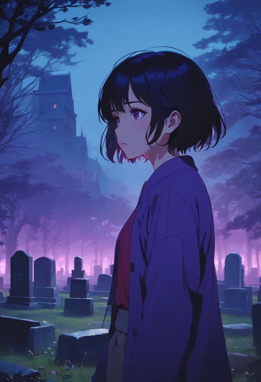 girl in a graveyard,portrait,fog,dark atmosphere,purple lighting,Best quality,4K,8k,high resolucion,Masterpiece:1.2,Ultra-detailed,Realstic,photoreallistic:1.37,mysterious atmosphere,Style Adrian Ghenie,Detailed facial features,exaggerated eyes,mise au point nette,ambiance effrayante,Takato Yamamoto Style,Dark and disturbing setting,Style Tim Burton,Gothic elements,of mesmerizing beauty,cauchemar,Keep the details fine.
