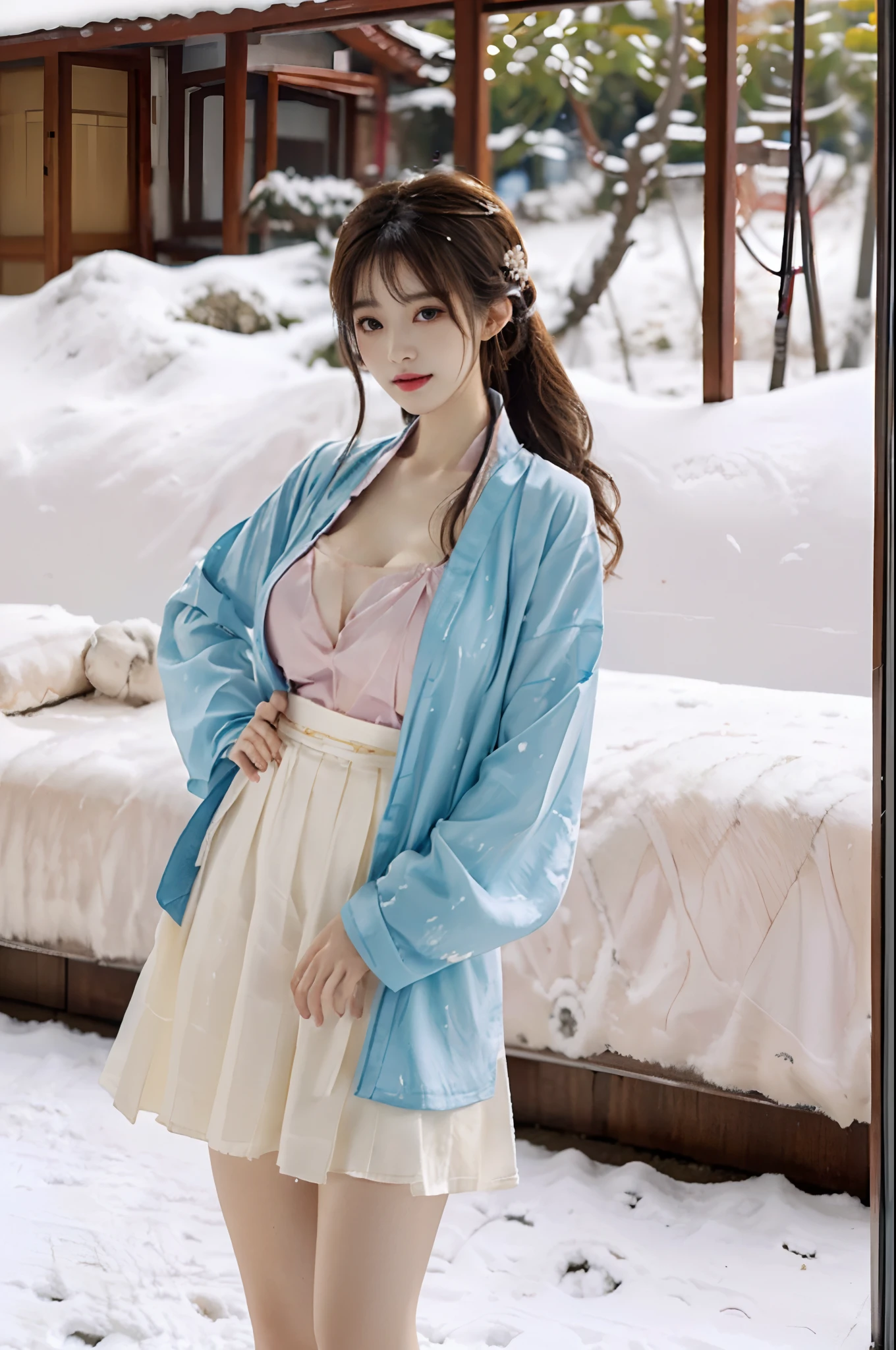 (ultra-realistic realism)、(illustratio)、(A high resolution)、(8K)、(The is very detailed)、(Best Illustration)、(Beautifully detailed eyes)、(top-quality)、(ultra - detailed)、(tmasterpiece)、(the wallpaper)、(A detailed face)、独奏、1 girl in、looking at viewert、finedetail、eventide, beuaty girl,Dynamic action,with hands behind her back,standing in the snowy mountain,Hanfu,short skirt,Casual hairstyle,Messy hair,big breasts exposed cleavage,blue gem