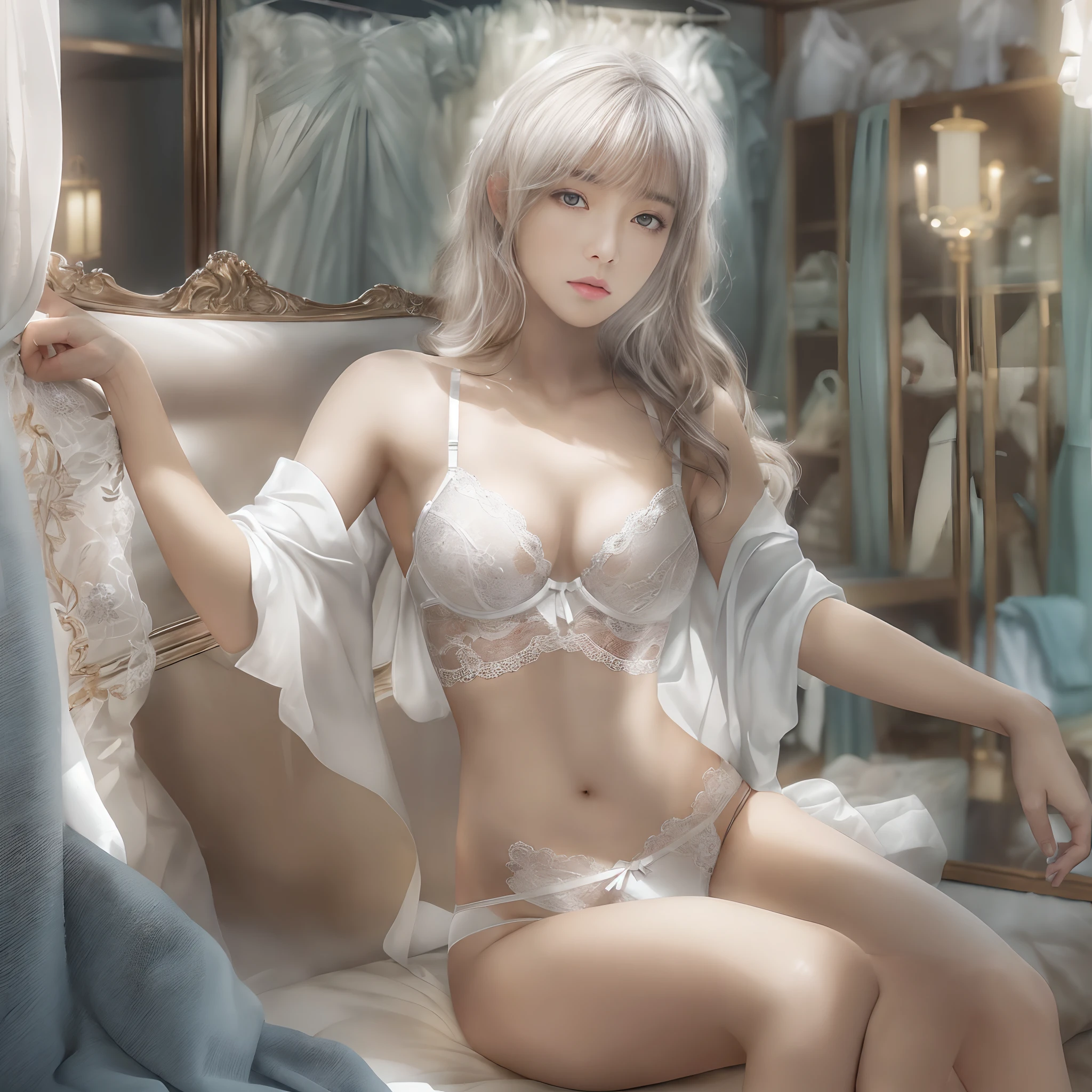 (((nffsw))), (((masutepiece))), (((8K))), (((hight resolution))), (((Photorealistic))), (((Cinematic lighting))), god rays, Zoom Layer, (((FULL BODYSHOT))), F/4.0, canon, Shiny skin,Detailed skin,Detailed face, Detailed eyes, nakeness, Bare chest, No top, Japanese Idol, in one's underwear only, tiny chest, White Satin Bra, White satin panties, Luxury Lingerie Shop, There are many women's underwear in the store, Change into underwear in the store,
