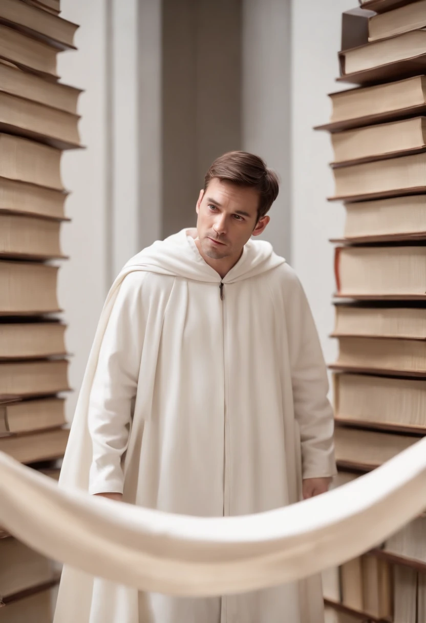 a man standing in white space , no details , wearing white cloak that is a bit short , looking up to a lot of books roaming around him , high angle shot , back view