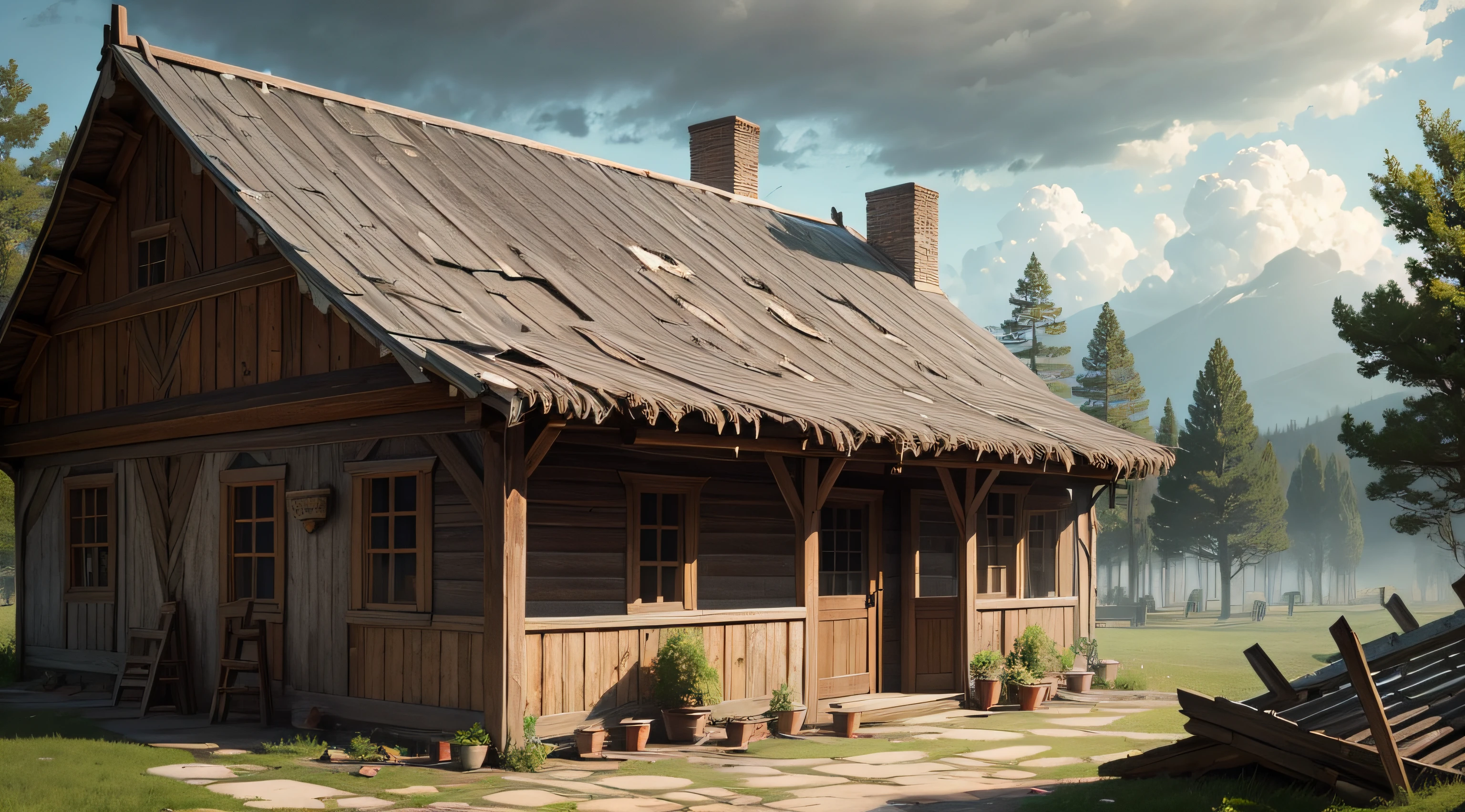 an old weather-damaged tavern made of wood and stone