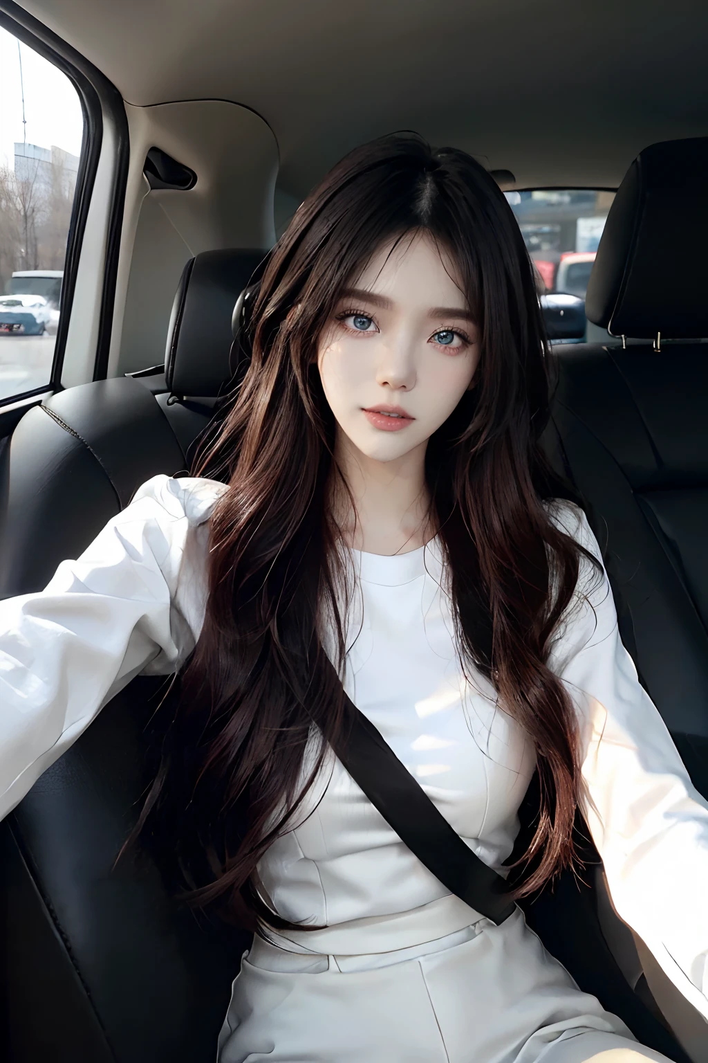 ((4K works))、masterpiece、(top-quality)、1 beutiful girl、Slim body、tall、((Black Y-shirt and white pants、Attractive streetwear and black bags))、(Detailed beautiful eyes)、morning、On the way to work、((Face similar to Carly Rae Jepsen))、((Long boyish red hair))、((Smaller face))、((Neutral face))、((Bright blue eyes))、((American adult women))、((Adult female 26 years old))、((cool lady))、((Like a celebrity))、((Smiling expression))、((Korean Makeup))、((elongated and sharp eyes))、((Happy dating))、((boyish))、((She is sitting in the back seat of the car))、Professional Photos、((Selfie in the car))、((Face Close-up))