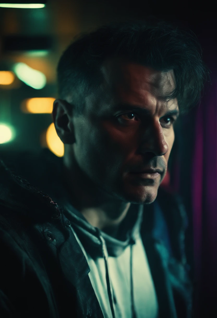 macro crisp quality, close up portraint, of cyberpunk brutal man, in cyberpunk neon room, rough skin, look at a camera, glowing eyes, age 40, cinematic, dimmed colors, dark shot, muted colors, film grainy, lut, spooky