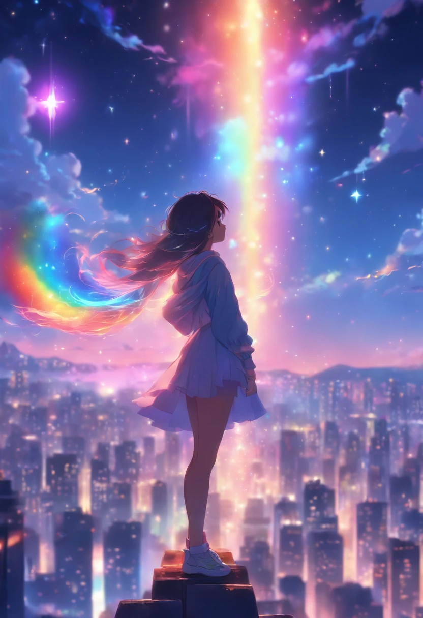 (best quality,4k,highres,masterpiece:1.2),ultra-detailed,(rainbow in the sky:1.2),realistic,anime girl standing on rooftop staring at night sky with stars and rainbow,rainbow starry night,anime-style art,beautiful detailed eyes,beautiful detailed lips,extremely detailed eyes and face,long eyelashes,vibrant colors,portraits,landscape,cityscape,huge full moon,quiet and calm atmosphere,majestic skyline with towering buildings,peaceful and serene feeling,detailed architecture silhouette,motionless and still air,soft gentle breeze,wispy clouds and fog,luminous starry sky,sparkling and shimmering stars,breathtaking star-filled backdrop,gorgeous vibrant rainbow,softly glowing rainbow colors,shooting stars streaking across the sky,crisp and clear view of night sky,gorgeous anime art wallpaper,ethereal and dreamlike setting,makoto shinkai cyril rolando-inspired illustration,immersive and captivating scene,mesmerizing anime girl with flowing hair,calm and content expression,city lights twinkling below,nighttime cityscape with glowing windows,tranquil and awe-inspiring rooftop view,peaceful and mesmerizing ambiance,reflective and contemplative moment,deep sense of tranquility and solitude,light pollution revealing distant rainbow,awe-inspiring beauty of the universe,heartwarming sense of wonder and awe.