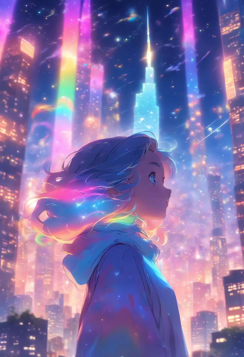 (best quality,4k,highres,masterpiece:1.2),ultra-detailed,(rainbow in the sky:1.2),realistic,anime girl standing on rooftop staring at night sky with stars and rainbow,rainbow starry night,anime-style art,beautiful detailed eyes,beautiful detailed lips,extremely detailed eyes and face,long eyelashes,vibrant colors,portraits,landscape,cityscape,huge full moon,quiet and calm atmosphere,majestic skyline with towering buildings,peaceful and serene feeling,detailed architecture silhouette,motionless and still air,soft gentle breeze,wispy clouds and fog,luminous starry sky,sparkling and shimmering stars,breathtaking star-filled backdrop,gorgeous vibrant rainbow,softly glowing rainbow colors,shooting stars streaking across the sky,crisp and clear view of night sky,gorgeous anime art wallpaper,ethereal and dreamlike setting,makoto shinkai cyril rolando-inspired illustration,immersive and captivating scene,mesmerizing anime girl with flowing hair,calm and content expression,city lights twinkling below,nighttime cityscape with glowing windows,tranquil and awe-inspiring rooftop view,peaceful and mesmerizing ambiance,reflective and contemplative moment,deep sense of tranquility and solitude,light pollution revealing distant rainbow,awe-inspiring beauty of the universe,heartwarming sense of wonder and awe.