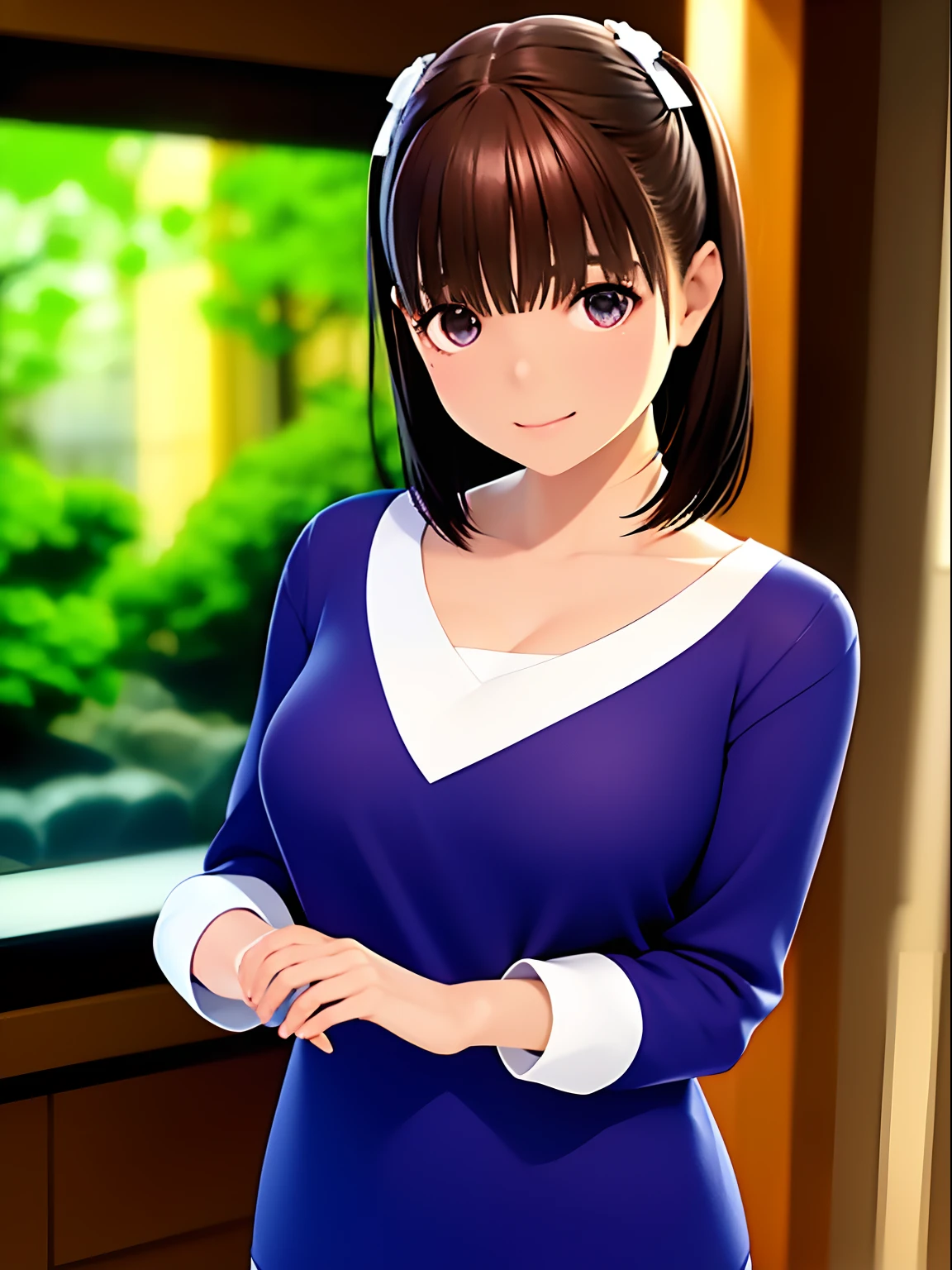 hight resolution,in 8K,Best Quality,detaileds,semi - realistic anime,Anime 3D Style,Smooth Anime CG,1 girl in,20 year old woman in Japan,slim,modeled,shiny chestnut hair,Medium Hair,Detailed face,Beautiful and detailed eyes,Glowing skin,Brown sweater,((Half-length)),Shooting in the aquarium,Blurry background,