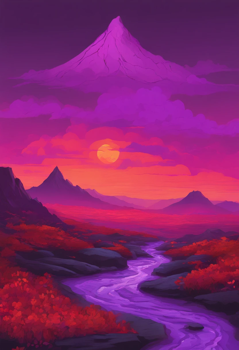 catastrophe, volcanic environment with purple aspect, Abismo Ambiental, ambiente cinza, ambiente desnivelado, gray sky, ashes falling from the sky, Piso todo rachado, viscous purple liquid running all over the floor, magma roxo, apenas desigual, pedras com reflexo roxo, cracked ground, piso danificado, purple liquid dripping through the cracks of the floor, Tudo natural, dim sky, mini morros no ambiente, crateras ao fundo, volcano in the background