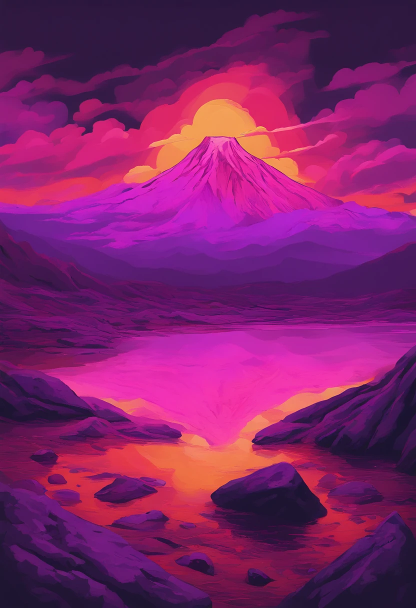 catastrophe, volcanic environment with purple aspect, Abismo Ambiental, ambiente cinza, ambiente desnivelado, gray sky, ashes falling from the sky, Piso todo rachado, viscous purple liquid running all over the floor, magma roxo, apenas desigual, pedras com reflexo roxo, cracked ground, piso danificado, purple liquid dripping through the cracks of the floor, Tudo natural, dim sky, mini morros no ambiente, crateras ao fundo, volcano in the background