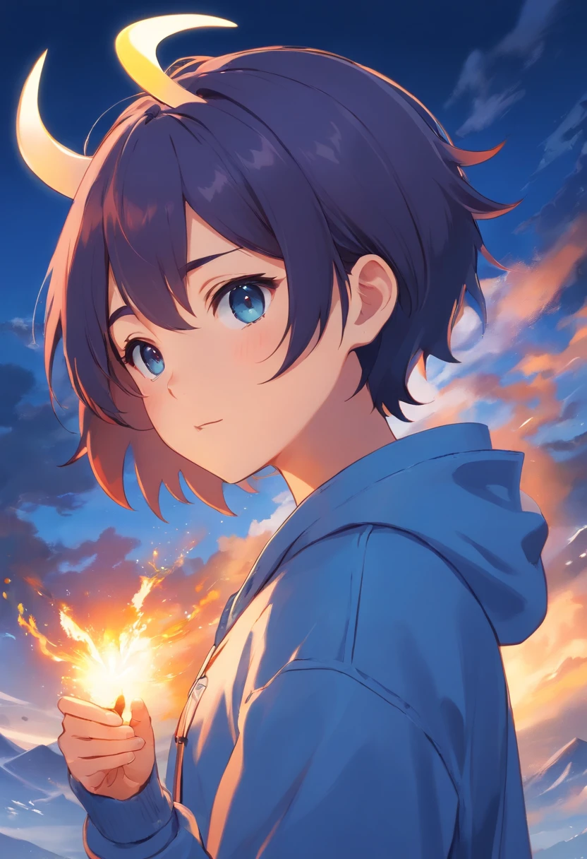 un chico, un chico, a boy, dibujado con estilo anime, cabello corto y azul, cabello corto y azul,, estilo anime, estilo anime, piel morena, two small horns, sudadera negra, dynamic pose, fuego azul en cuerno derecho, cabello azul, ojos amarillos, two small, white horns. Oni. cuerpo completo