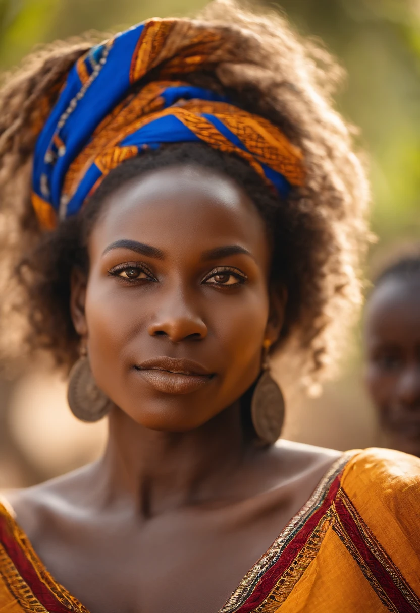 Sexy and elegant Beninese African woman lightskin with generous curves blue eyes long frizzy cheuveux in traditional outfits made of African loincloth