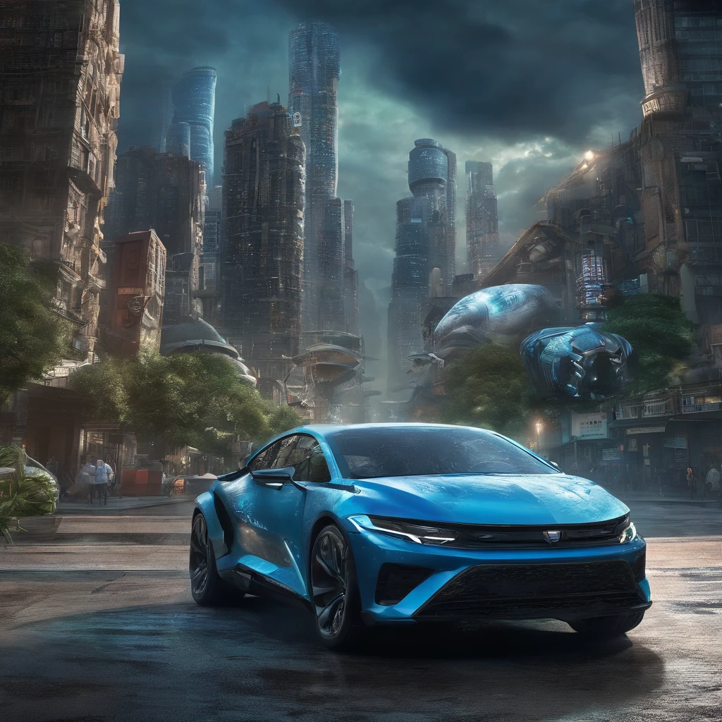 (hyper-realistic,best quality,ultra-detailed),alien landscape at dawn, intricate and detailed futuristic cityscape with intelligent creatures, stunning shades of blue, green, and black