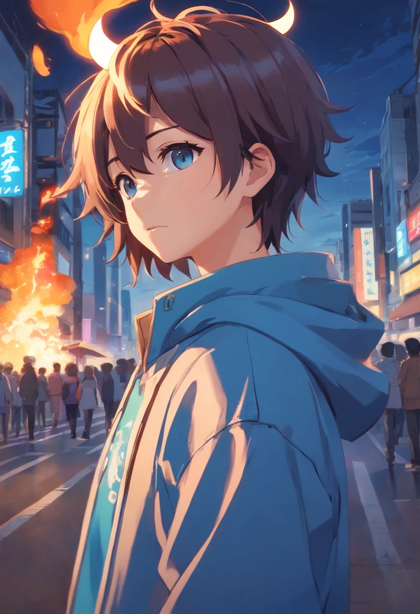 un chico, un chico, a boy, dibujado con estilo anime, cabello corto y azul, cabello corto y azul,, estilo anime, estilo anime, piel morena, two small horns, sudadera negra, dynamic pose, fuego azul en cuerno derecho, cabello azul, ojos amarillos, two small, white horns. Oni. cuerpo completo