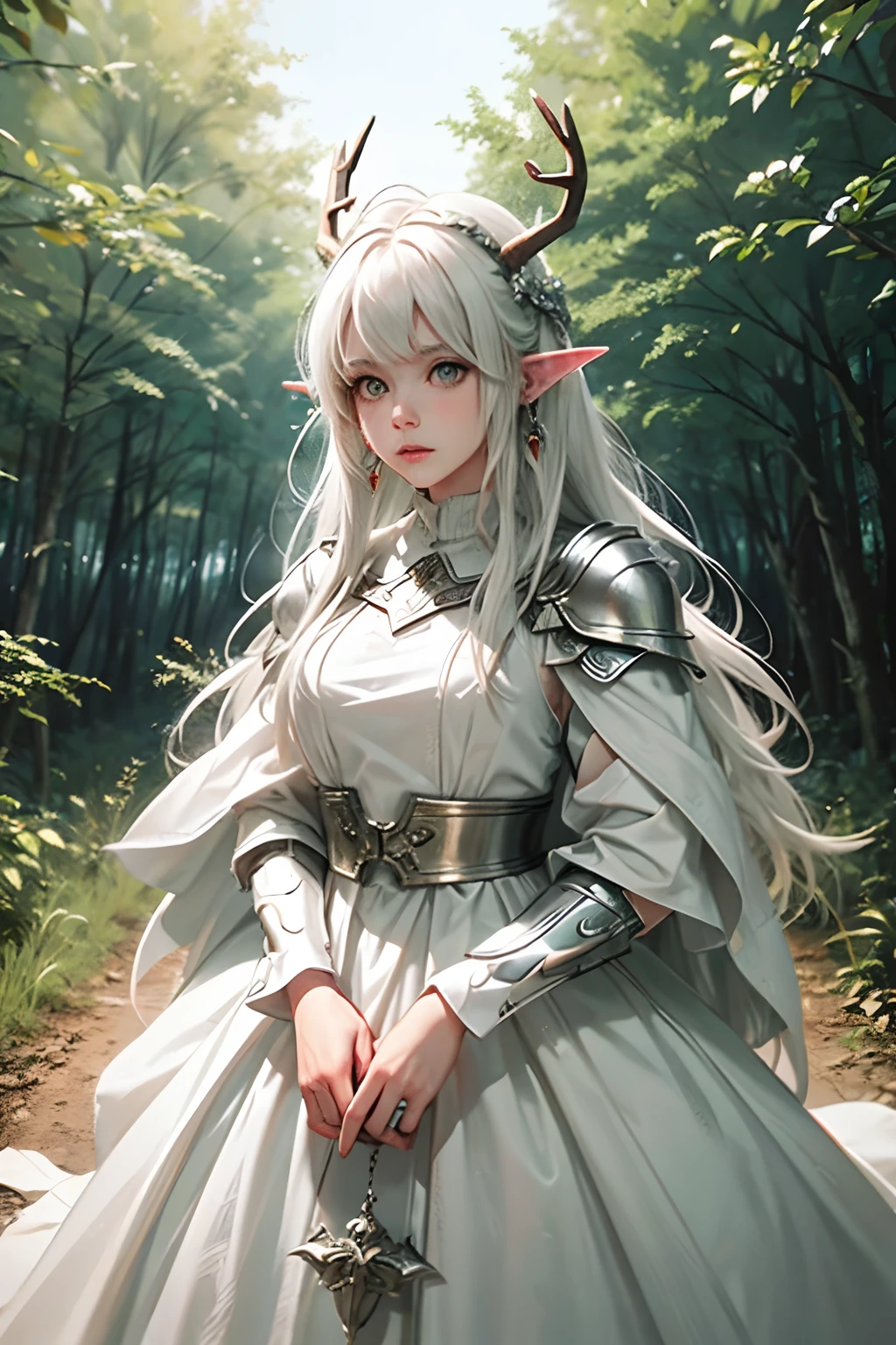 White haired short young girl, Elf ears. in forest. Deer antlers, silver earrings. innocent look. Non revealing light armor. Sun reflecting.