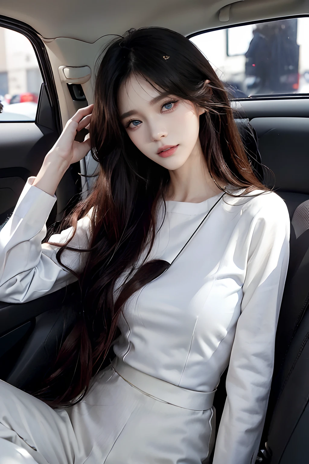 ((4K works))、masterpiece、(top-quality)、1 beutiful girl、Slim body、tall、((Black Y-shirt and white pants、Attractive streetwear and black bags))、(Detailed beautiful eyes)、morning、On the way to work、((Face similar to Carly Rae Jepsen))、((Long boyish red hair))、((Smaller face))、((Neutral face))、((Bright blue eyes))、((American adult women))、((Adult female 26 years old))、((cool lady))、((Like a celebrity))、((Smiling expression))、((Korean Makeup))、((elongated and sharp eyes))、((Happy dating))、((boyish))、((She is sitting in the back seat of the car))、Professional Photos、((Selfie in the car))、((Face Close-up))、((Focus Zoom))、((Focus zoom on face))、((Face enhancement))