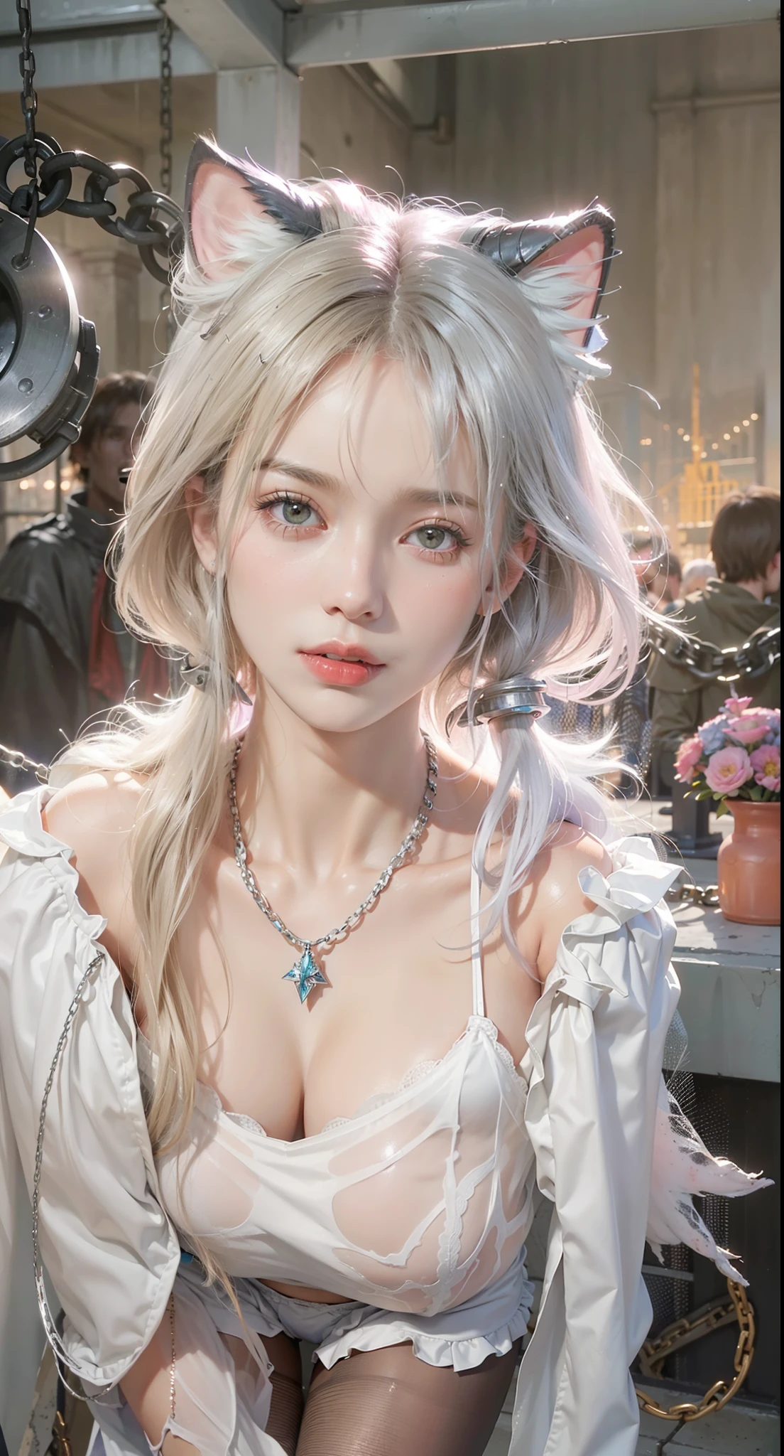 ,((Wearing a torn sheer costume of a superheroine)),(, No bra)), Wet crotch, Wet thighs, Beautiful girl with accentuated slender abs: 1.4, (((nipple tips protruding, areola is protruding, The shape of the pubic region is clearly visible)), sixpack abs: 1.4, Bust Botox, Photo, Sharpness, Unique 850 4, Koda850 k portrait camera, F1.6 shots, Ultra-realistic textures, Spectacular light textures, Cinestil 800 Fashion Mechanics, (futuristic sci-fi battle fashion: 1.1), (tied perfectly by chain), Restraint, Slaves, collars, ((wide prison with sunlight)), Dark fantasy, Realistic material details, extreme hight detail, Ultra-realistic materials ((Torn costume))), Wet, Cloudy, (Chained)), ((big emphasized by chains)), ((chains digging into crotch)), ( (Collar)), (, No bra), shredded costumes, broken golden shields and battle spears,, White combat gloves, Combat shoulder armor, Blood splattered on the face, Blood splattered, Realistic, (Bruises, Dirty, ripped clothing, skimpy clothing, Blood: 1.3),  Torn Cape, Torn pantyhose, Long legs, ((iron pipe in the crotch)), Metallic shackles and fetters, ((chains hung from heaven)), Wet crotch is clearly visible, Swarovski's sword and the anatomy beneath his feet, (futuristic sci-fi battle fashion, Torn mesh stockings),
